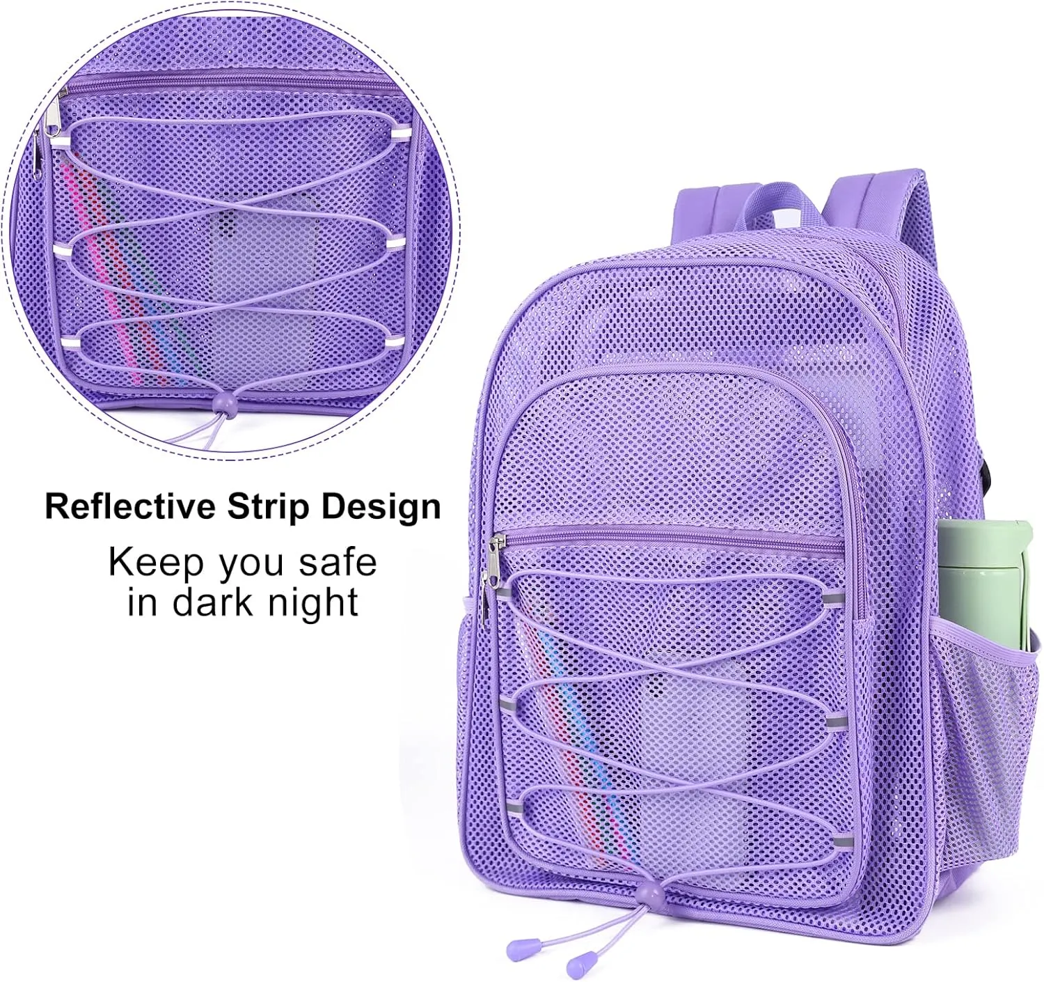 COVAX Heavy Duty Mesh Backpack, Semi-transparent Mesh Bookbag, See Through College Backpack with Bungee and Comfort Padded Straps for Commuting, Swimming, Beach, Outdoor Sports (Purple)