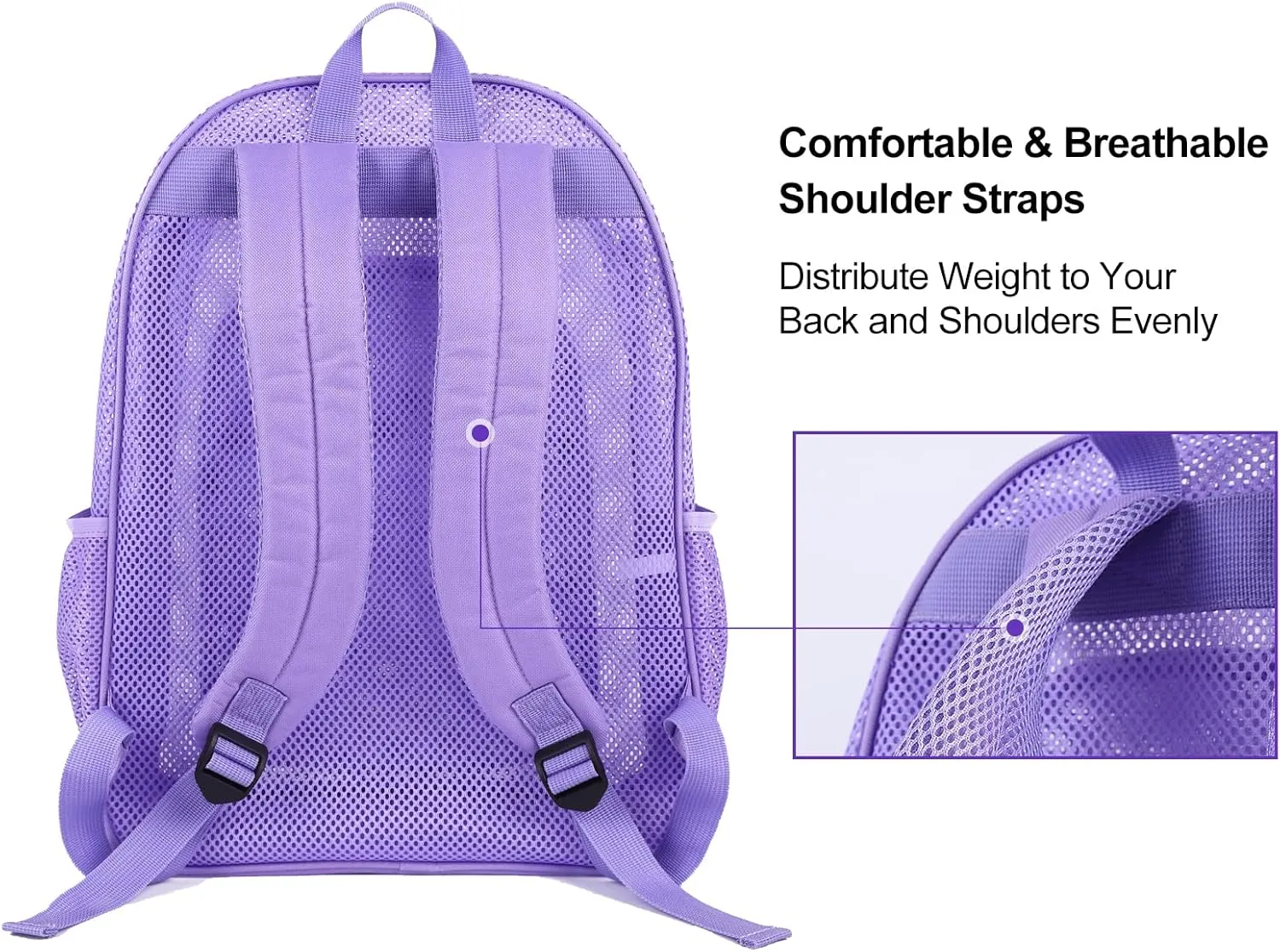 COVAX Heavy Duty Mesh Backpack, Semi-transparent Mesh Bookbag, See Through College Backpack with Bungee and Comfort Padded Straps for Commuting, Swimming, Beach, Outdoor Sports (Purple)