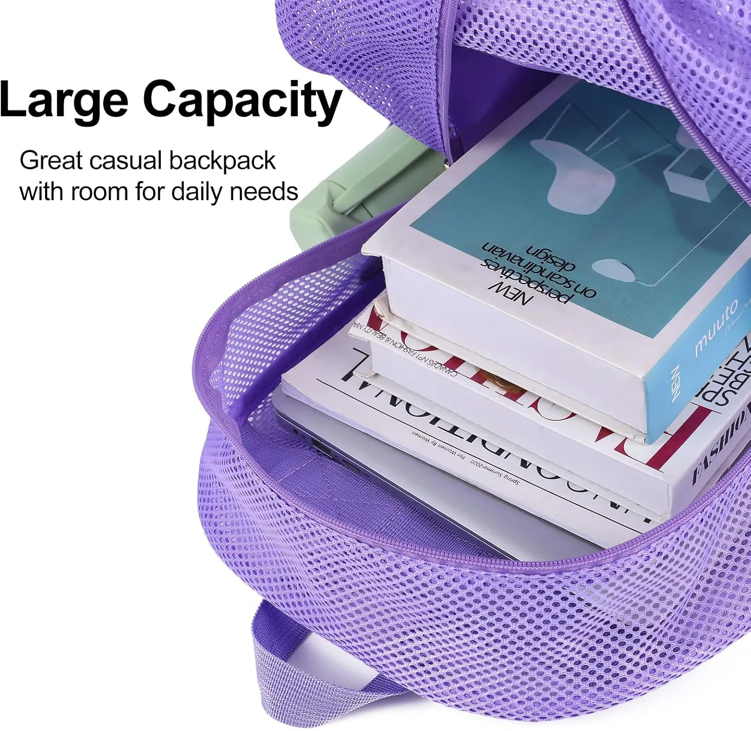 COVAX Heavy Duty Mesh Backpack, Semi-transparent Mesh Bookbag, See Through College Backpack with Bungee and Comfort Padded Straps for Commuting, Swimming, Beach, Outdoor Sports (Purple)