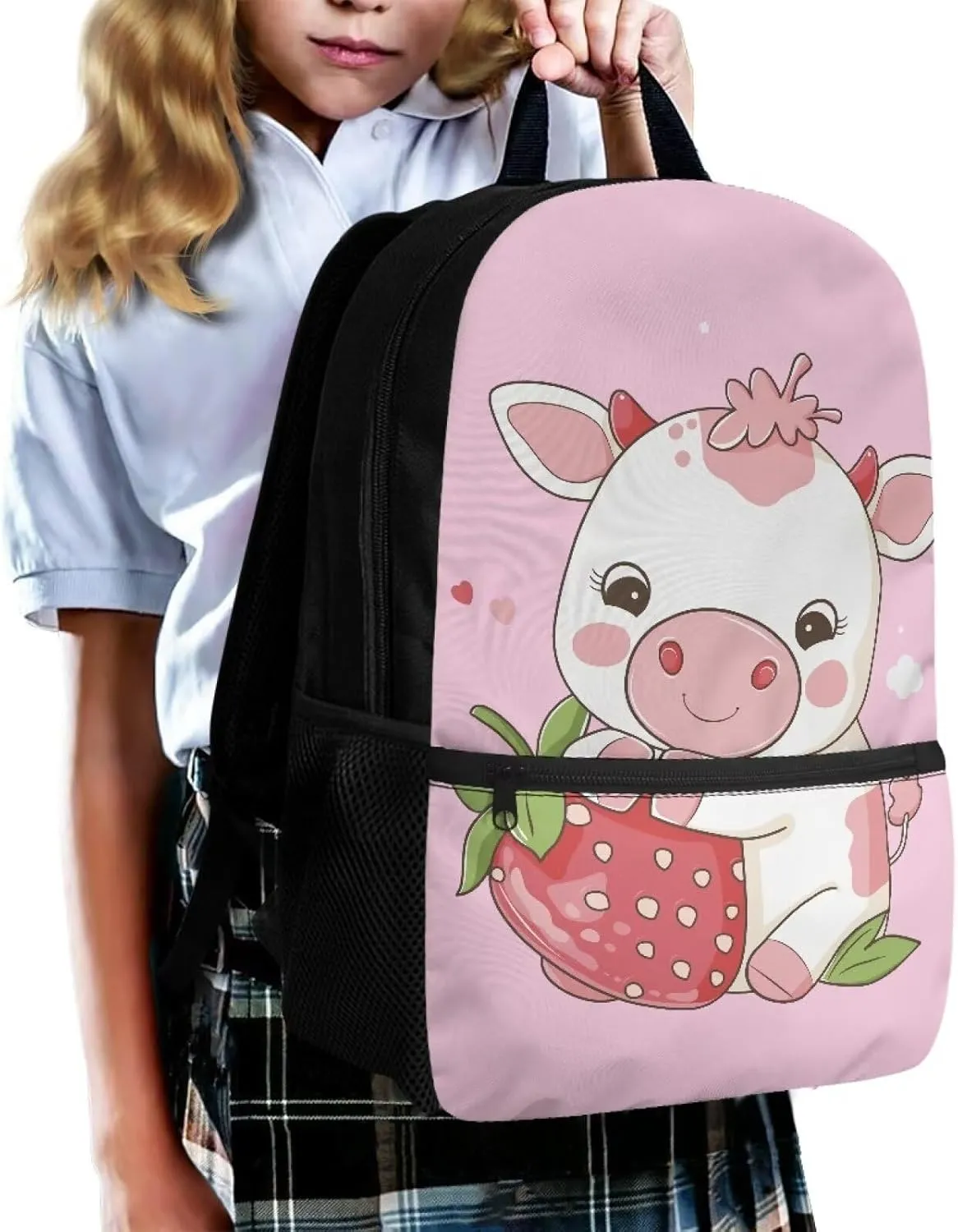 Cow Cute School Supplies Kawaii Set 6th Grade Girls Backpack Strawberry School Bags 10-12 Kids Large Book Bag Students Hiking Backpacks Travel Shoulder Bag Daycare Bag for Elementary School