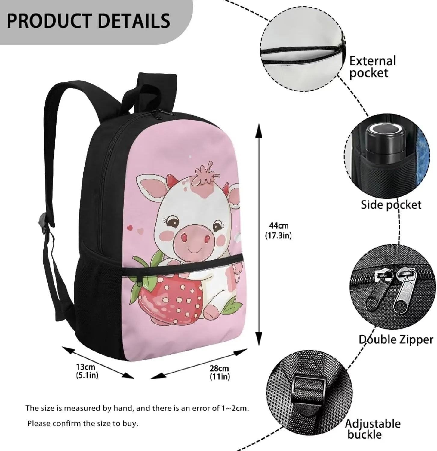Cow Cute School Supplies Kawaii Set 6th Grade Girls Backpack Strawberry School Bags 10-12 Kids Large Book Bag Students Hiking Backpacks Travel Shoulder Bag Daycare Bag for Elementary School