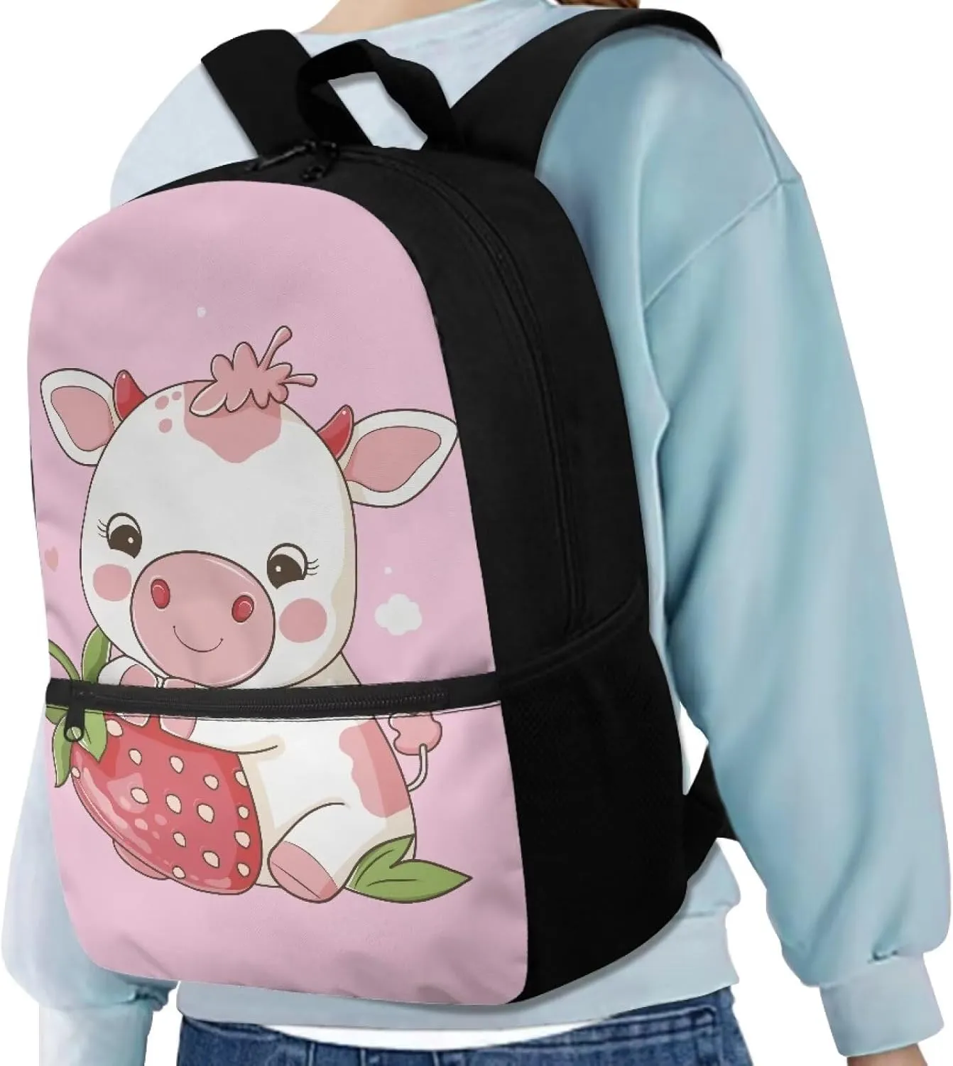 Cow Cute School Supplies Kawaii Set 6th Grade Girls Backpack Strawberry School Bags 10-12 Kids Large Book Bag Students Hiking Backpacks Travel Shoulder Bag Daycare Bag for Elementary School