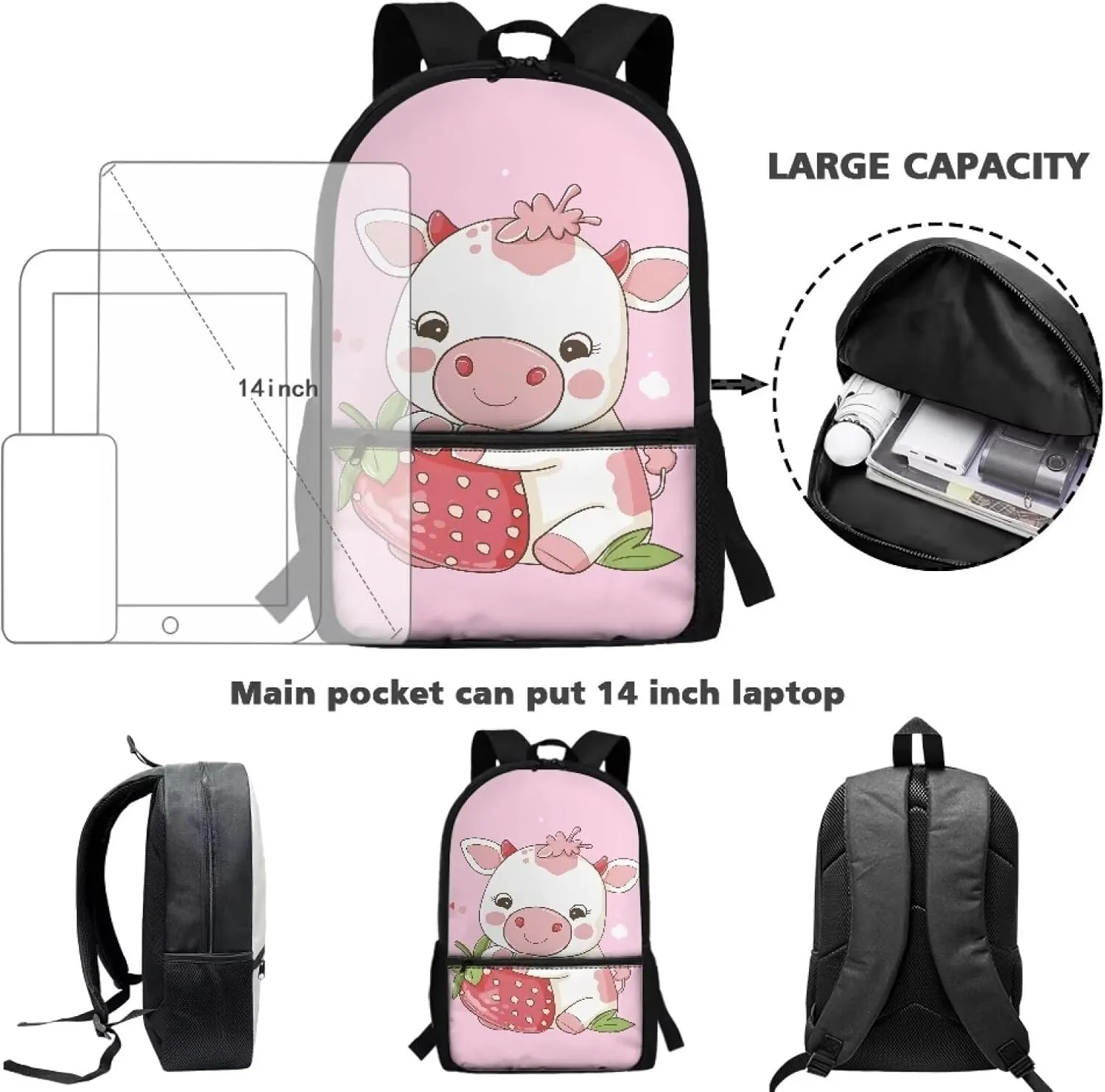 Cow Cute School Supplies Kawaii Set 6th Grade Girls Backpack Strawberry School Bags 10-12 Kids Large Book Bag Students Hiking Backpacks Travel Shoulder Bag Daycare Bag for Elementary School