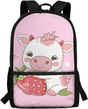 Cow Cute School Supplies Kawaii Set 6th Grade Girls Backpack Strawberry School Bags 10-12 Kids Large Book Bag Students Hiking Backpacks Travel Shoulder Bag Daycare Bag for Elementary School