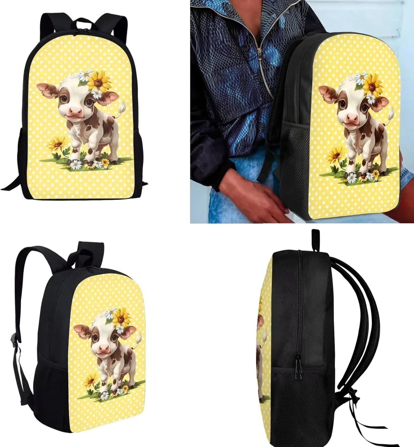 Cow Pre School Backpack for Girls 4 Piece Backpack Set Insulated Lunch Box Cute Pen Holder Water Bottle Holder Daypack Shoulder Bags Book Bag Fits Notebooks,Homework,Tablets