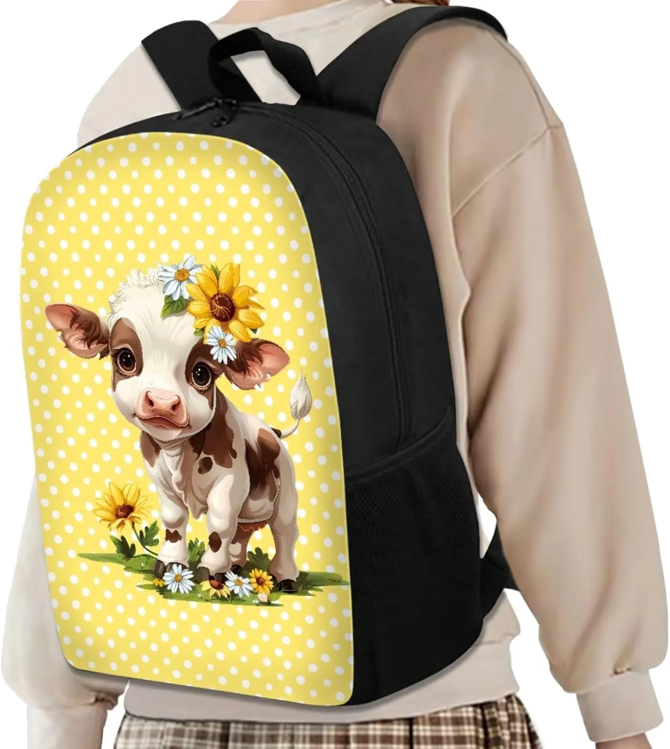 Cow Pre School Backpack for Girls 4 Piece Backpack Set Insulated Lunch Box Cute Pen Holder Water Bottle Holder Daypack Shoulder Bags Book Bag Fits Notebooks,Homework,Tablets