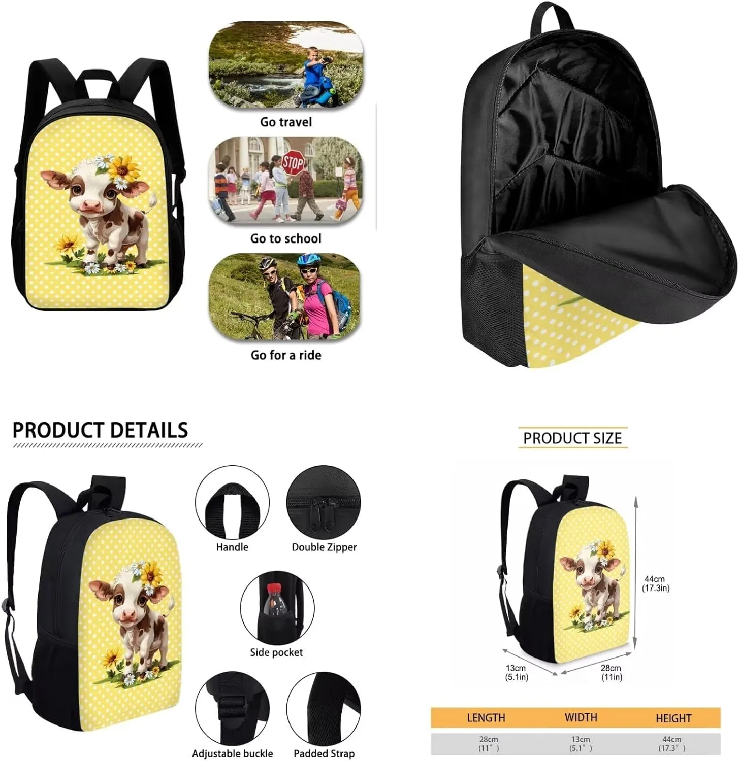 Cow Pre School Backpack for Girls 4 Piece Backpack Set Insulated Lunch Box Cute Pen Holder Water Bottle Holder Daypack Shoulder Bags Book Bag Fits Notebooks,Homework,Tablets