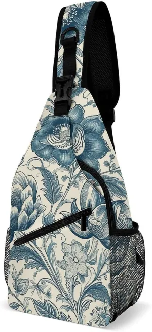 Cream Floral Sling Backpack Fashion Crossbody Sling Bag for Women Men Chest Bag for Travel Hiking