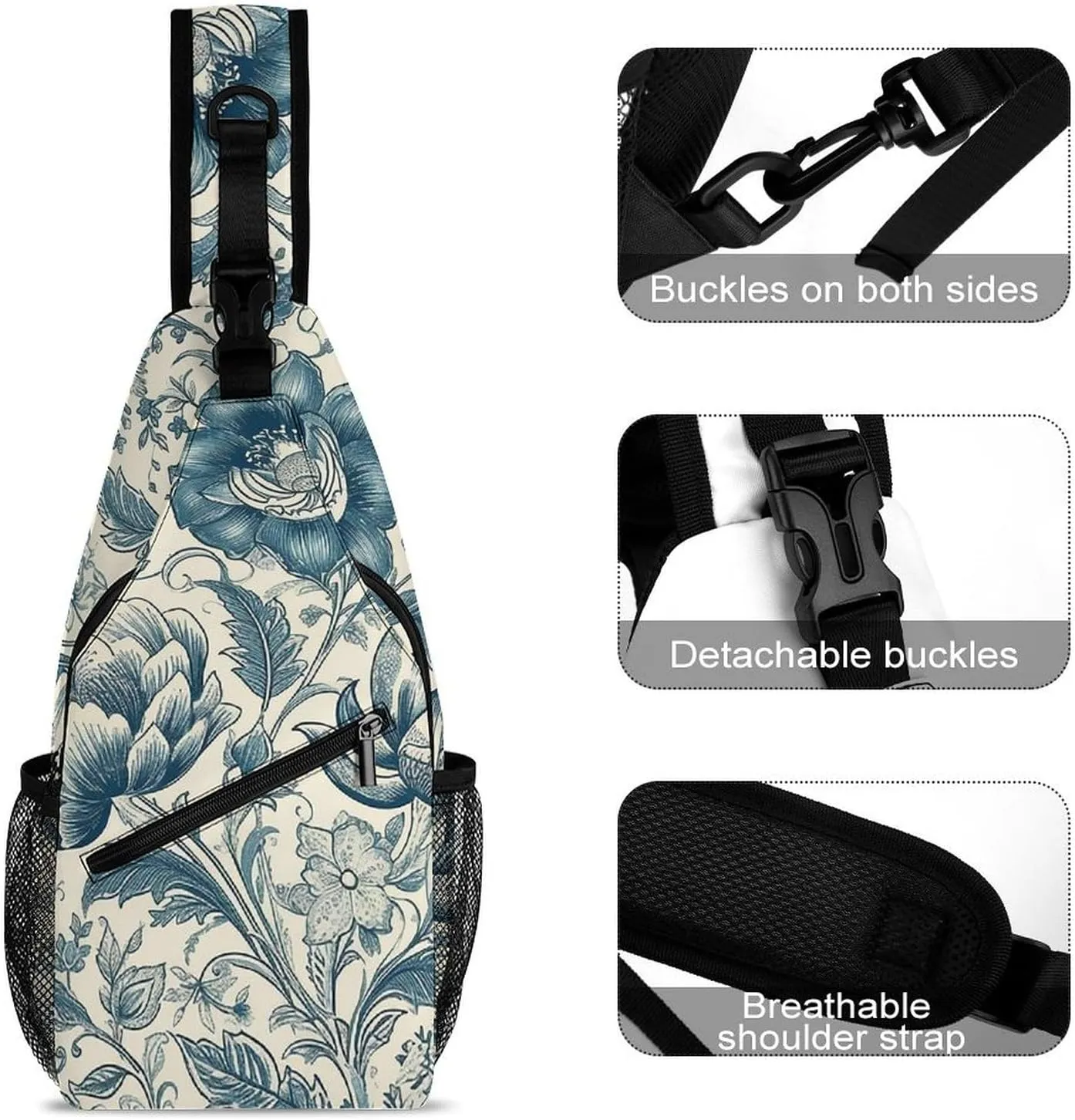 Cream Floral Sling Backpack Fashion Crossbody Sling Bag for Women Men Chest Bag for Travel Hiking