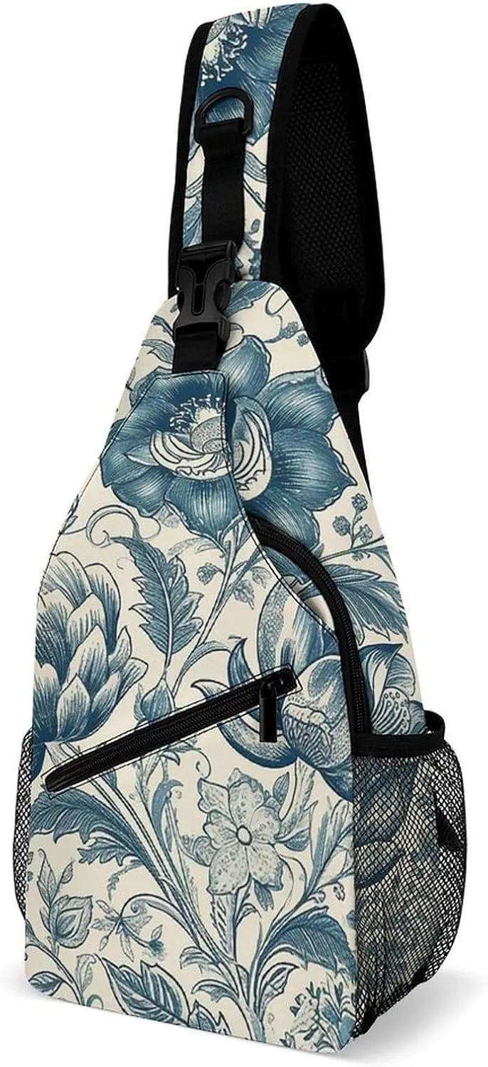 Cream Floral Sling Backpack Fashion Crossbody Sling Bag for Women Men Chest Bag for Travel Hiking