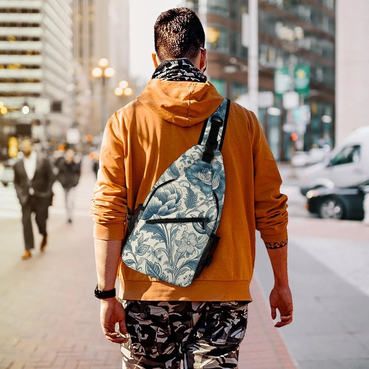 Cream Floral Sling Backpack Fashion Crossbody Sling Bag for Women Men Chest Bag for Travel Hiking