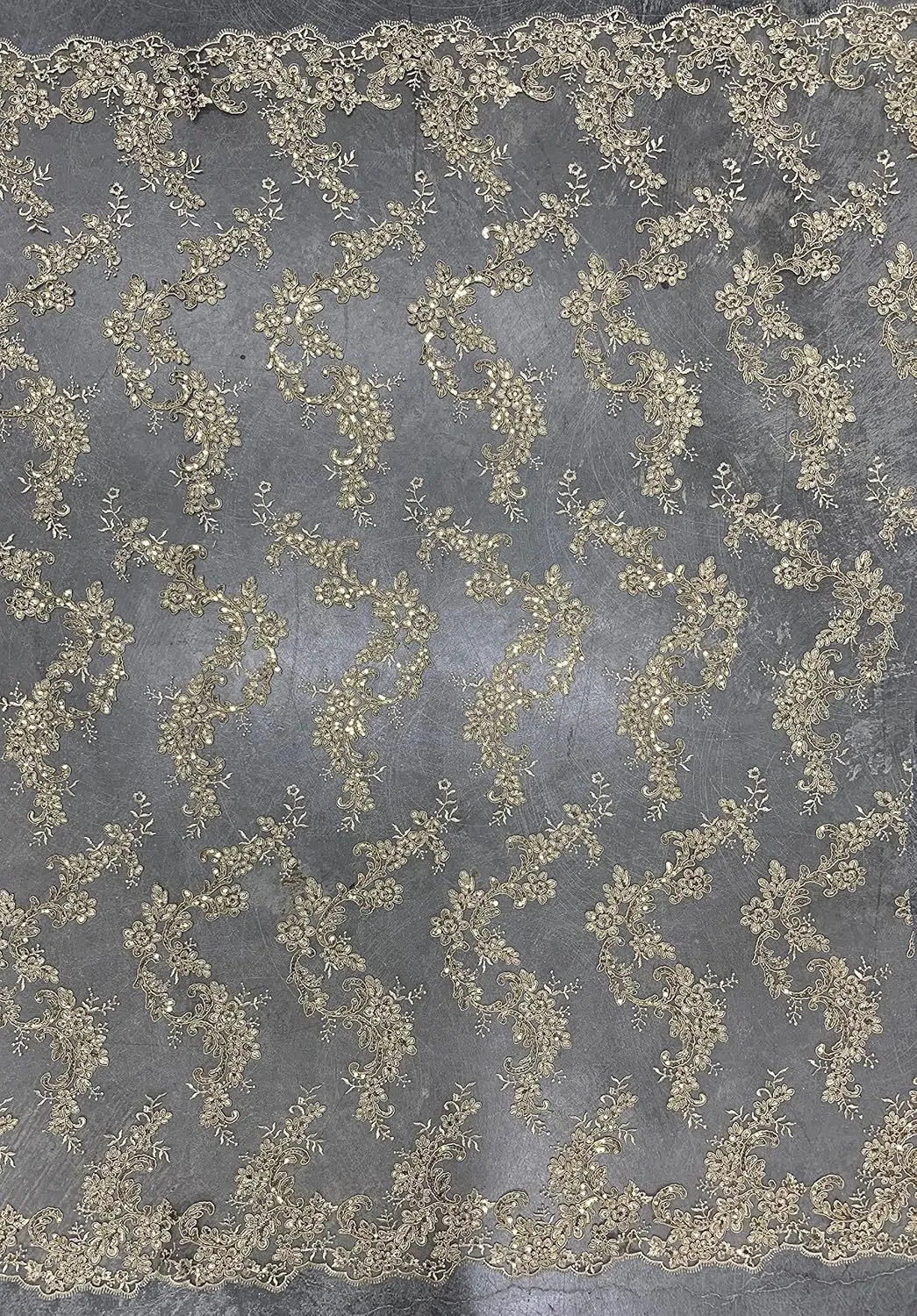 Cristina Champagne Polyester Floral Embroidery with Sequins on Mesh Lace Fabric by The Yard for Gown, Wedding, Bridesmaid, Prom - 10076
