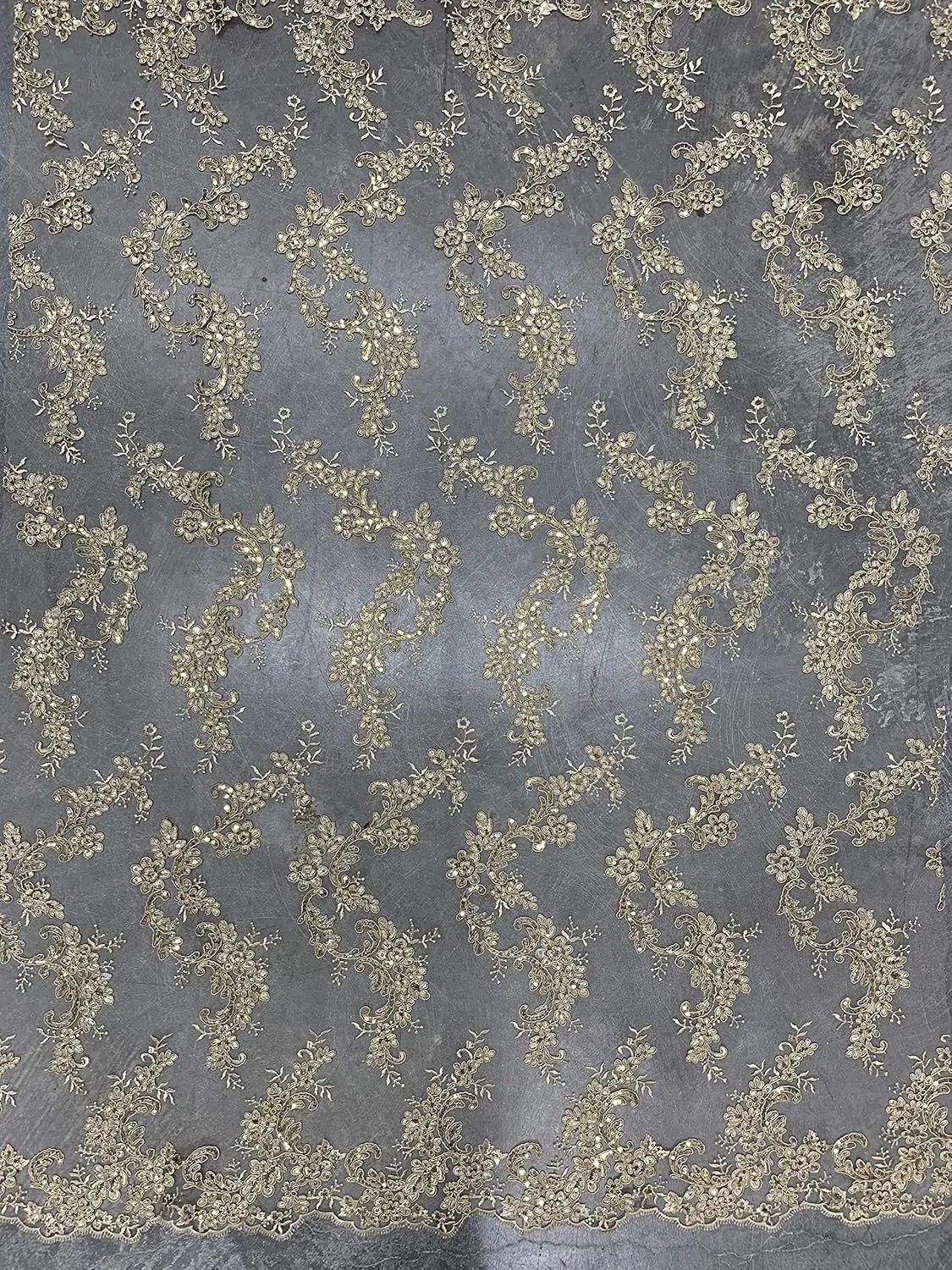 Cristina Champagne Polyester Floral Embroidery with Sequins on Mesh Lace Fabric by The Yard for Gown, Wedding, Bridesmaid, Prom - 10076