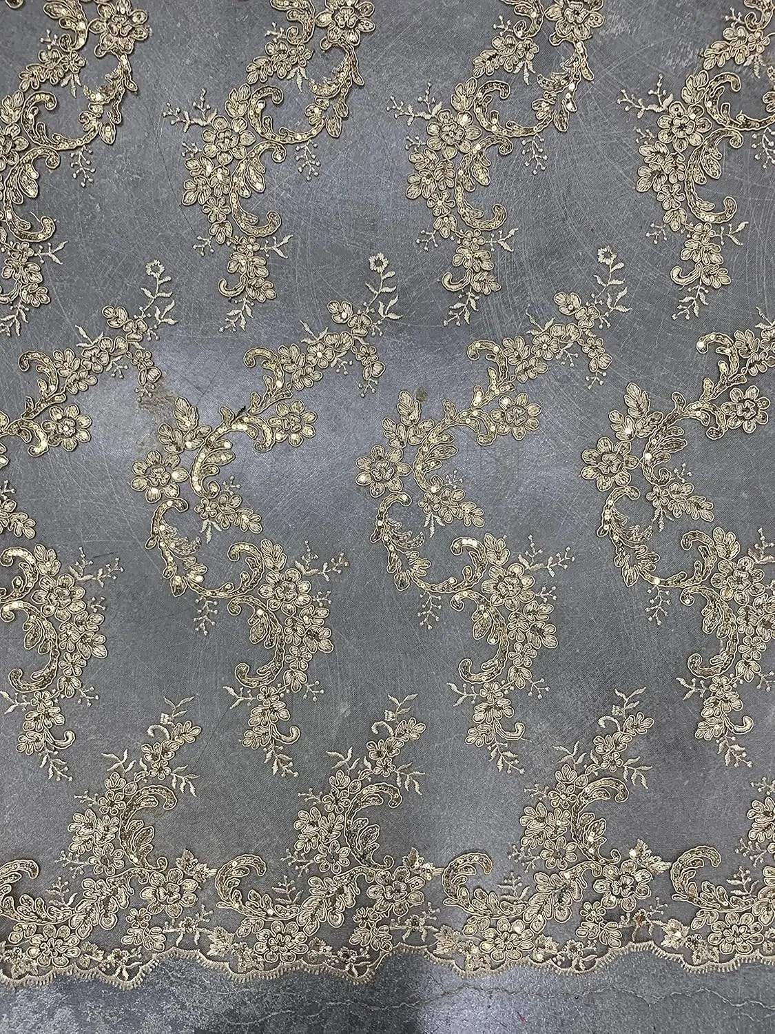 Cristina Champagne Polyester Floral Embroidery with Sequins on Mesh Lace Fabric by The Yard for Gown, Wedding, Bridesmaid, Prom - 10076