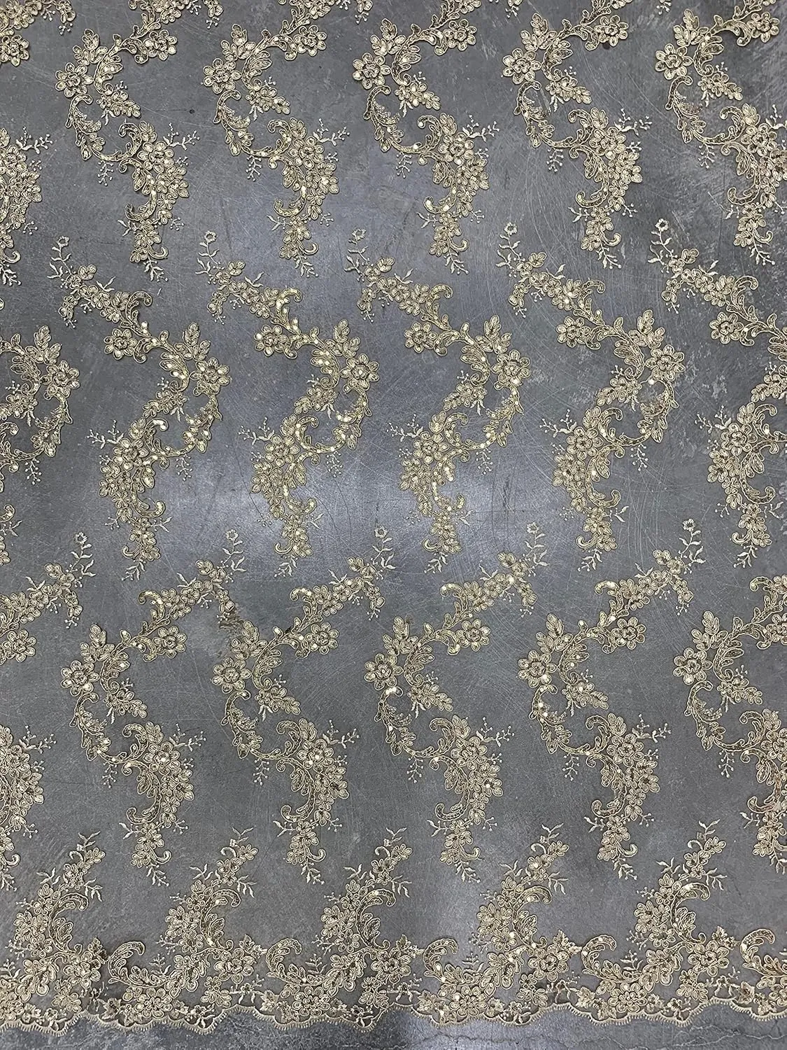 Cristina Champagne Polyester Floral Embroidery with Sequins on Mesh Lace Fabric by The Yard for Gown, Wedding, Bridesmaid, Prom - 10076