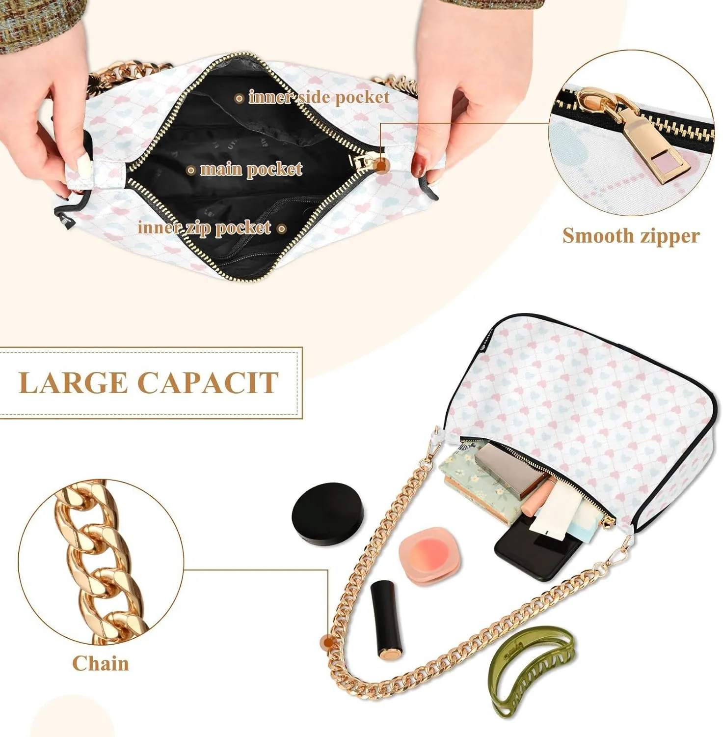 Cross Body Bag Geometric Pattern with Hearts Tote Bag Chain Bag Shoulder Bag Handbag Purse for Women