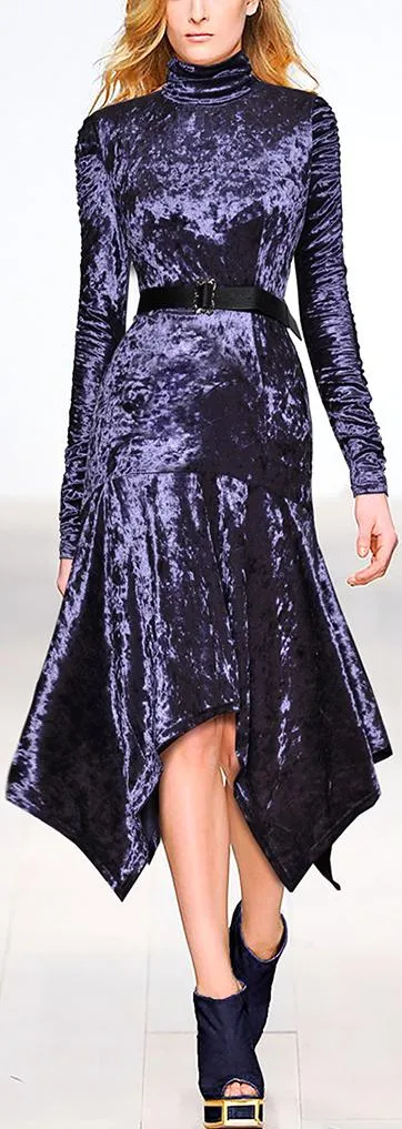 Crushed Velvet Turtle-Neck Flared Dress