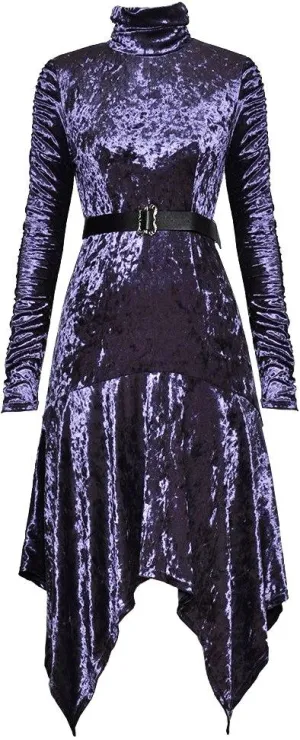 Crushed Velvet Turtle-Neck Flared Dress