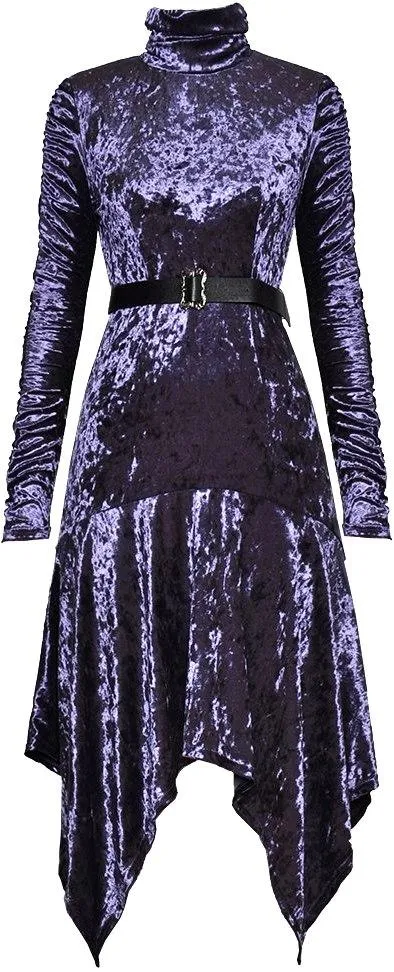 Crushed Velvet Turtle-Neck Flared Dress