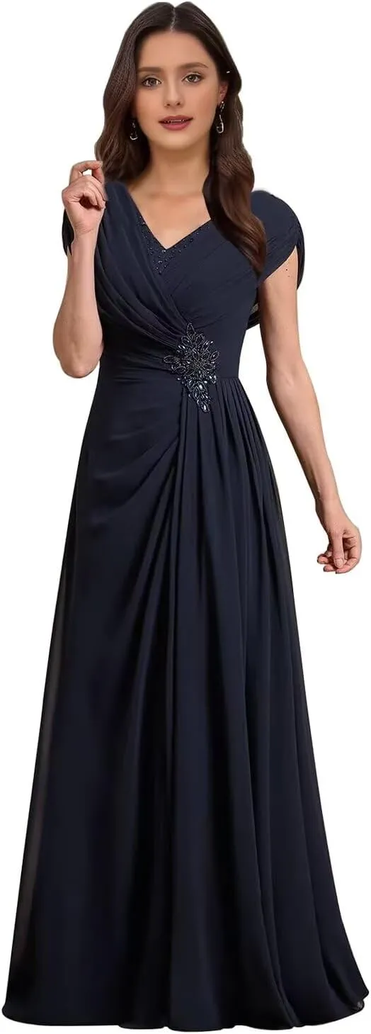 Curvy Chiffon Ruched Mother of The Bride Dresses Cap Sleeve Grandmother Dresses Lace Applique Formal Evening Party Gown