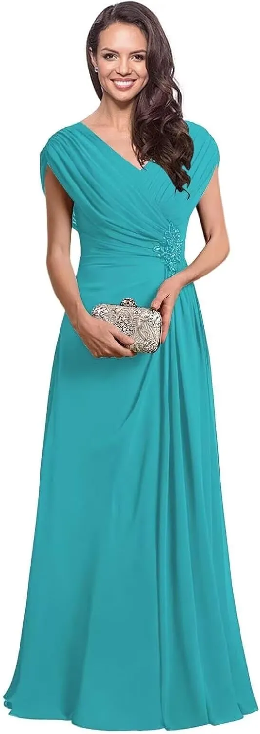 Curvy Chiffon Ruched Mother of The Bride Dresses Cap Sleeve Grandmother Dresses Lace Applique Formal Evening Party Gown