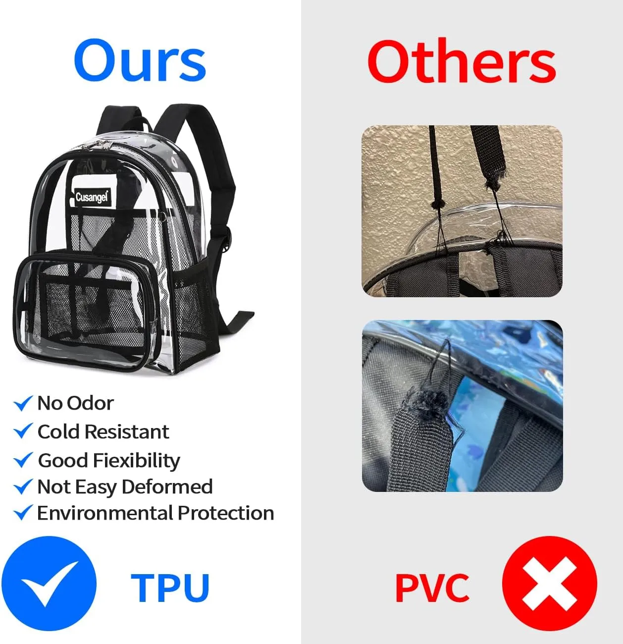 Cusangel Clear Backpack Stadium Approved 12×6×12,TPU Transparent Backpacks Plastic See Through Bag, Clear Bag for Concert Sport Event Work School Festival
