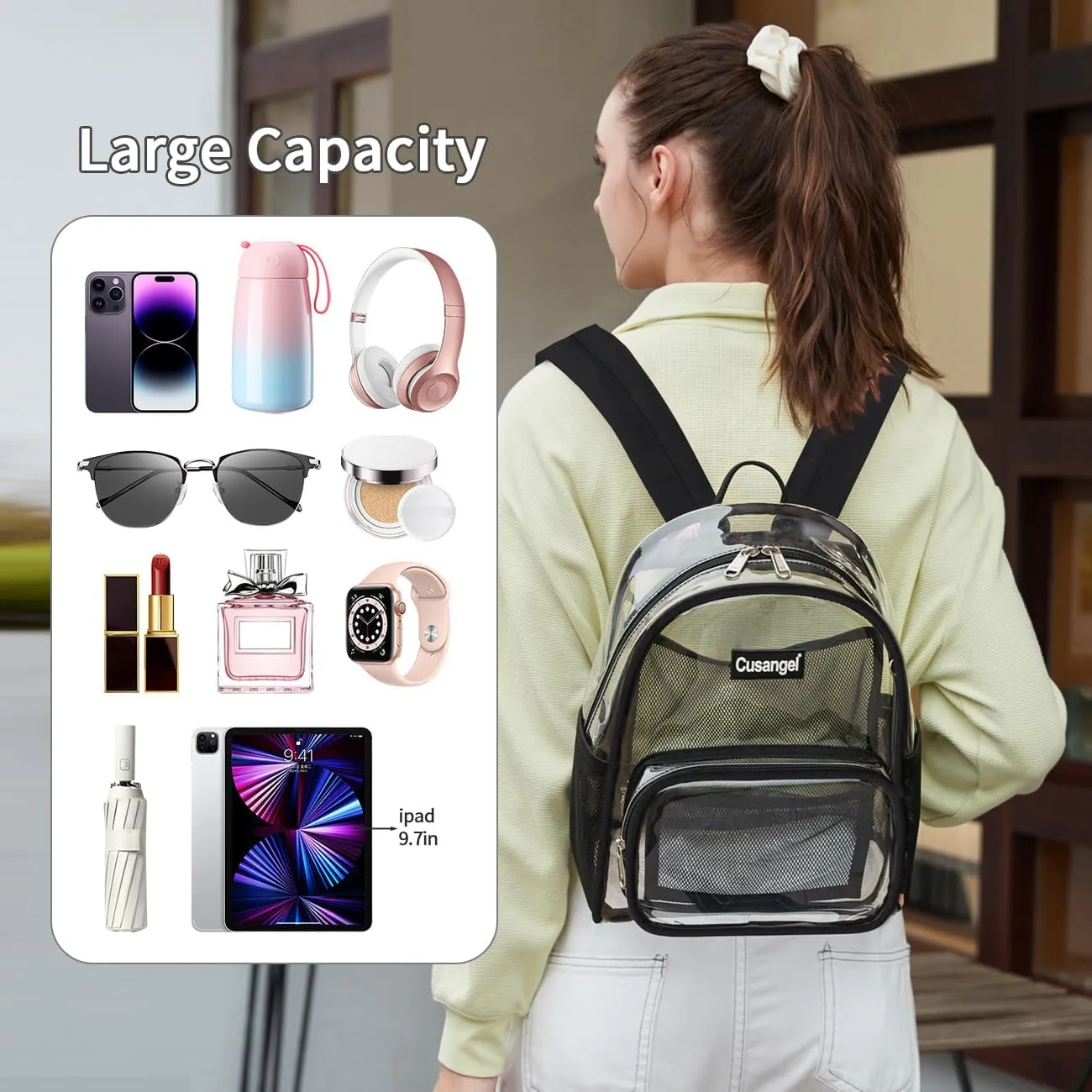 Cusangel Clear Backpack Stadium Approved 12×6×12,TPU Transparent Backpacks Plastic See Through Bag, Clear Bag for Concert Sport Event Work School Festival