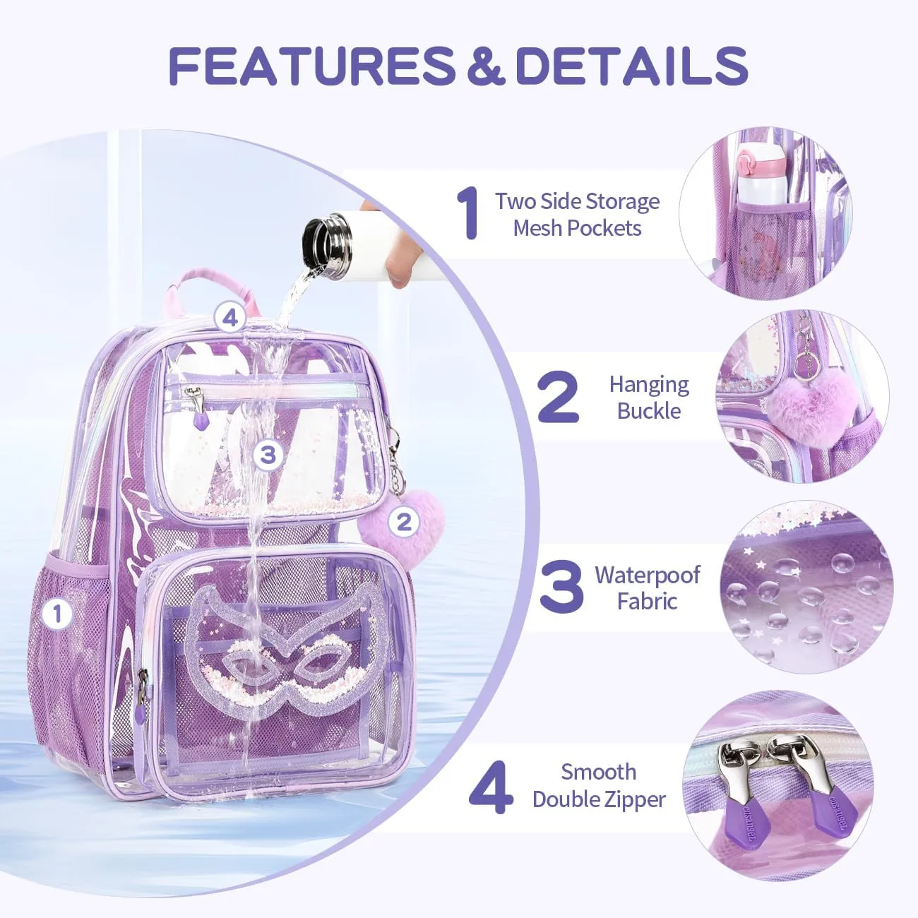 Cusangel Heavy Duty Clear Backpack Clear BookBag,16.5inch TPU Large Capacity See Through Backpack for Sport Events,Travel