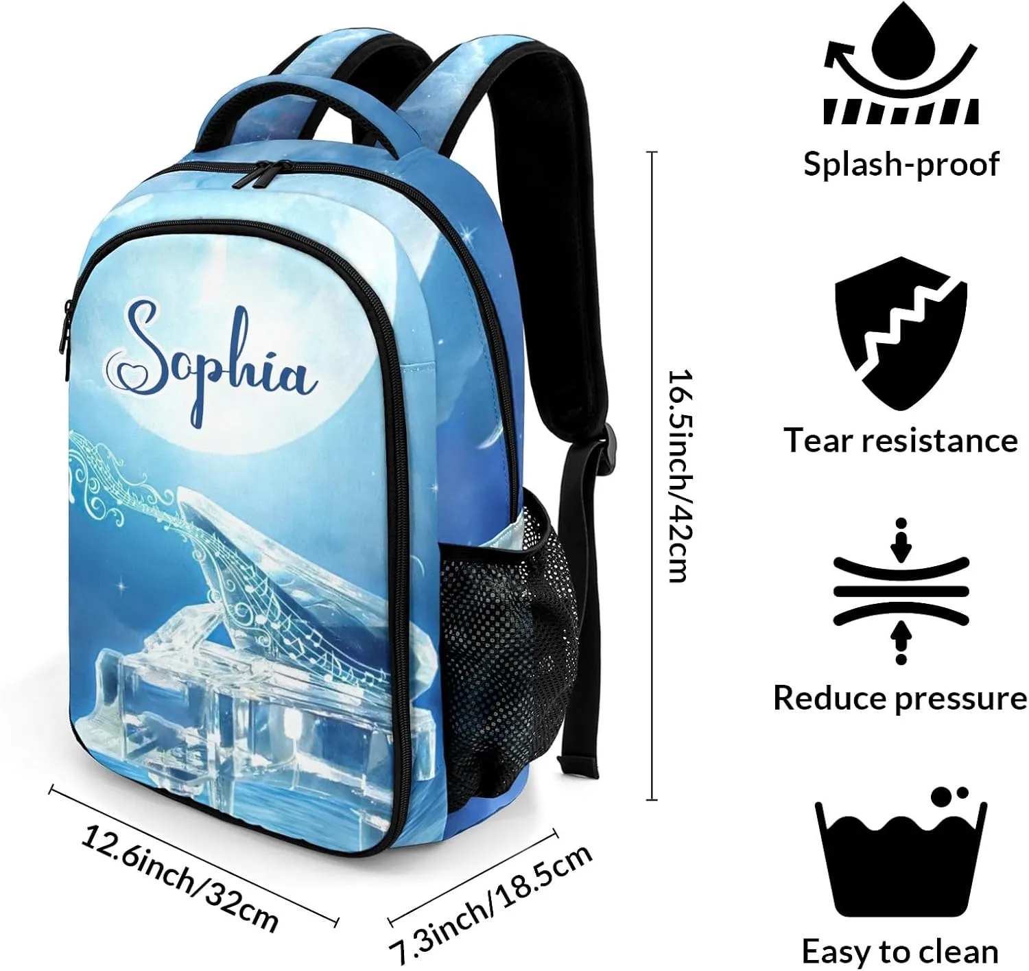 Custom Beautiful Icy Piano Music Backpack Custom Name Large Capacity Shoulder Bags for Sports Party