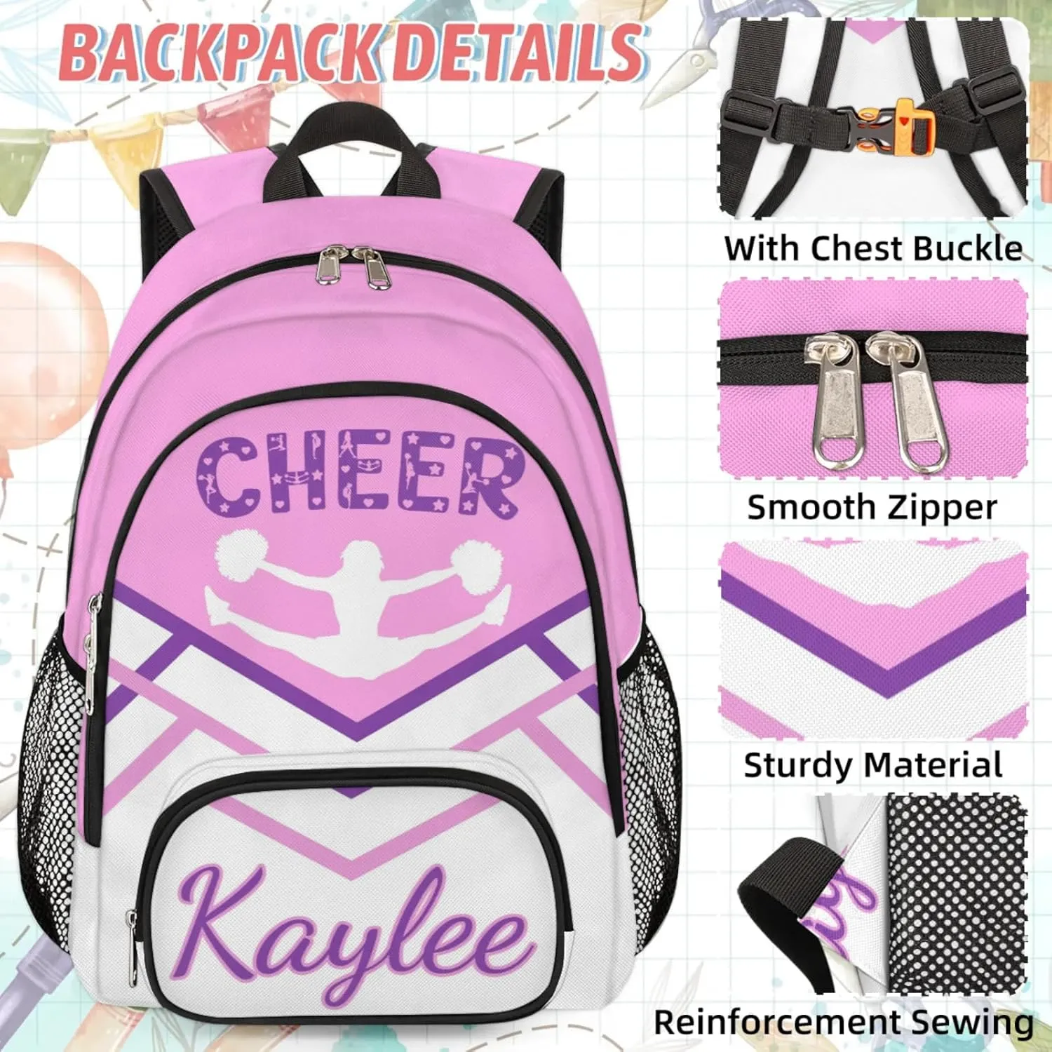 Custom Cheer Backpack Personalized Cheerleader Shoulder Bag Backpacks Daypack for Women Travel Gifts Coral Pink Purple