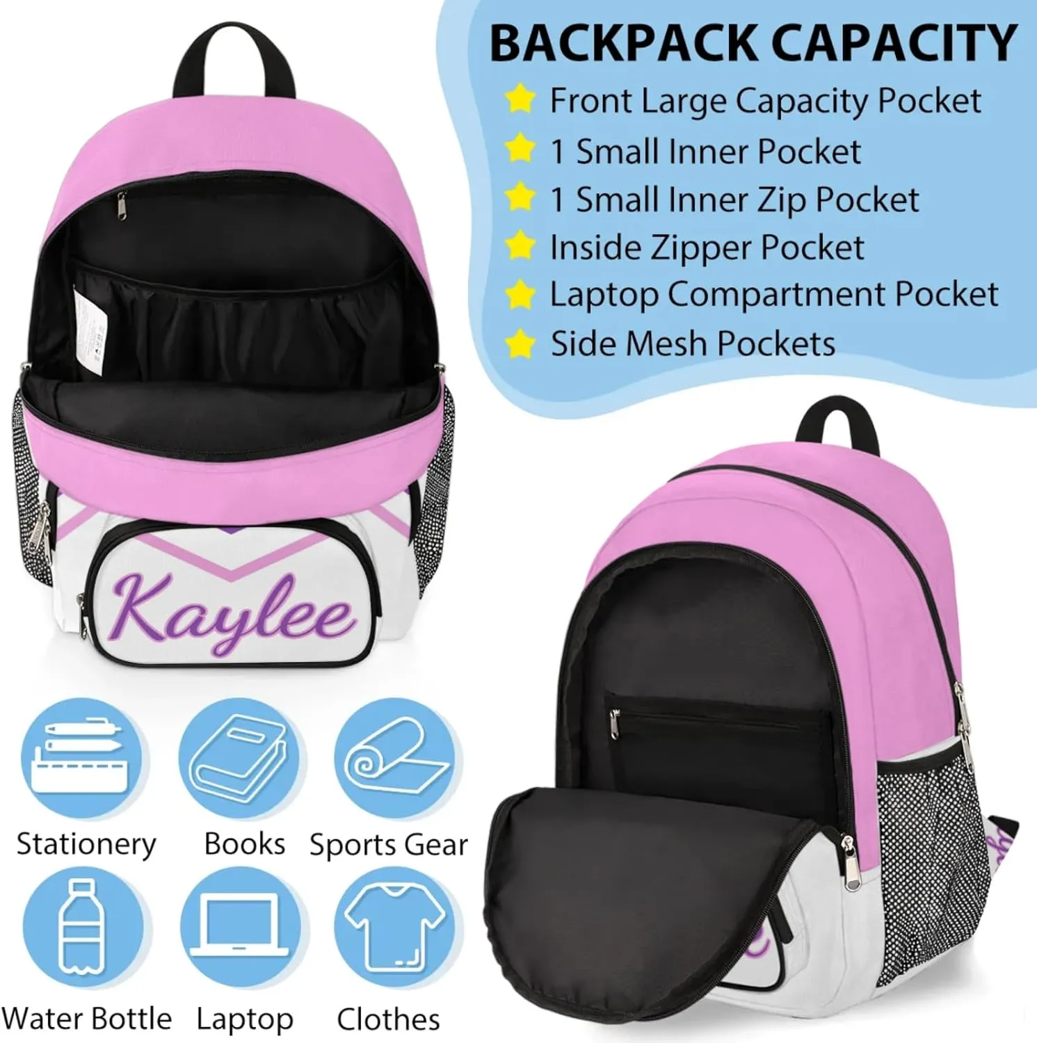 Custom Cheer Backpack Personalized Cheerleader Shoulder Bag Backpacks Daypack for Women Travel Gifts Coral Pink Purple