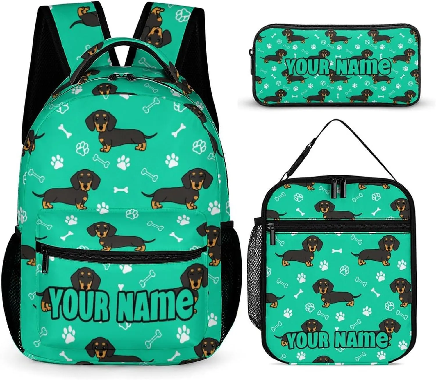 Custom Dachshund Backpack with Lunch Box & Pencil Case, 16 Inch Cute Dachshunds Dog Themed Bookbag, Adjustable Lightweight Large Capacity, Colorful Daily Casual Backpacks Set with Lunch Bag