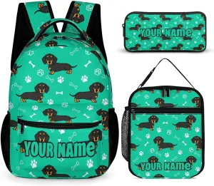 Custom Dachshund Backpack with Lunch Box & Pencil Case, 16 Inch Cute Dachshunds Dog Themed Bookbag, Adjustable Lightweight Large Capacity, Colorful Daily Casual Backpacks Set with Lunch Bag