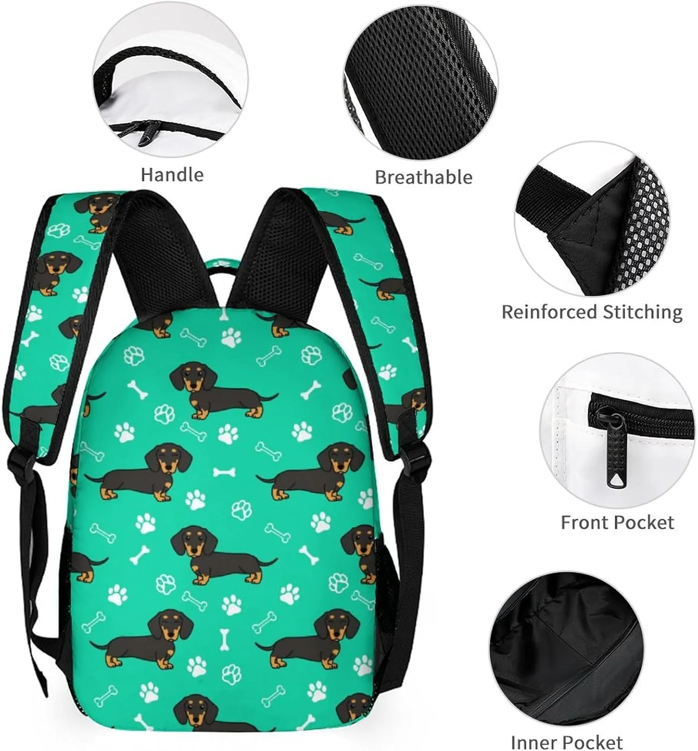 Custom Dachshund Backpack with Lunch Box & Pencil Case, 16 Inch Cute Dachshunds Dog Themed Bookbag, Adjustable Lightweight Large Capacity, Colorful Daily Casual Backpacks Set with Lunch Bag