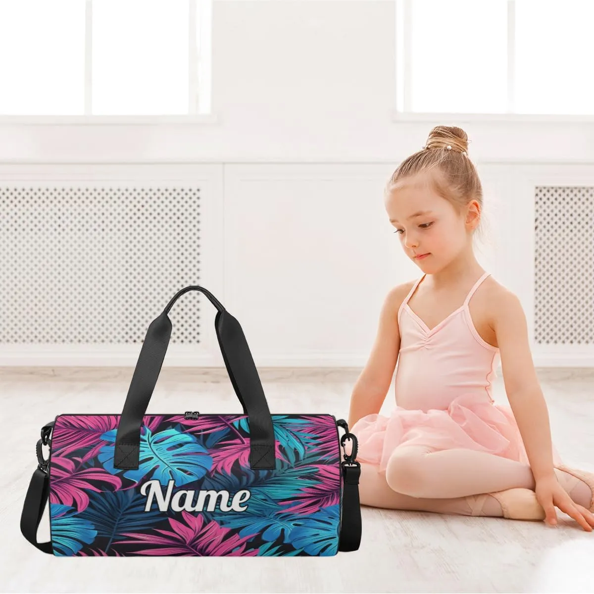 Custom Dance Duffel Bag Sport Backpacks Gyms and Weekend Overnight Travel Duffle Bag Birthday Christmas Halloween Waterproof, Blue Palm Leaf Floral