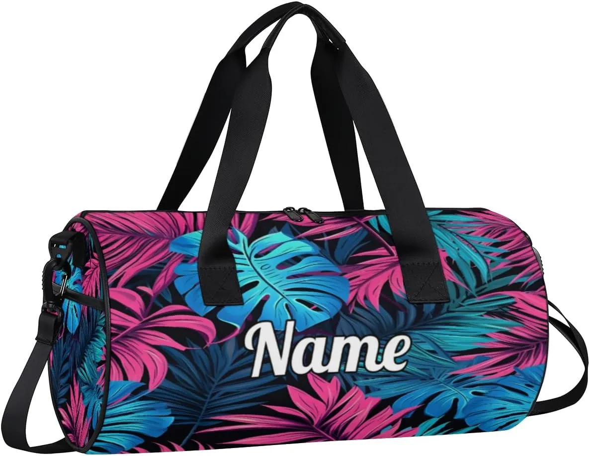 Custom Dance Duffel Bag Sport Backpacks Gyms and Weekend Overnight Travel Duffle Bag Birthday Christmas Halloween Waterproof, Blue Palm Leaf Floral
