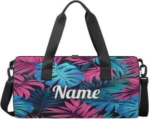 Custom Dance Duffel Bag Sport Backpacks Gyms and Weekend Overnight Travel Duffle Bag Birthday Christmas Halloween Waterproof, Blue Palm Leaf Floral