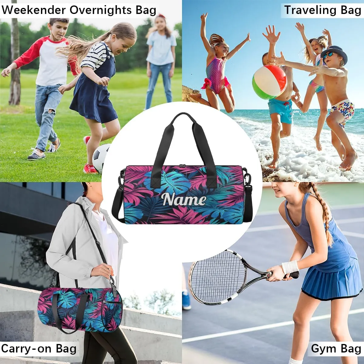 Custom Dance Duffel Bag Sport Backpacks Gyms and Weekend Overnight Travel Duffle Bag Birthday Christmas Halloween Waterproof, Blue Palm Leaf Floral