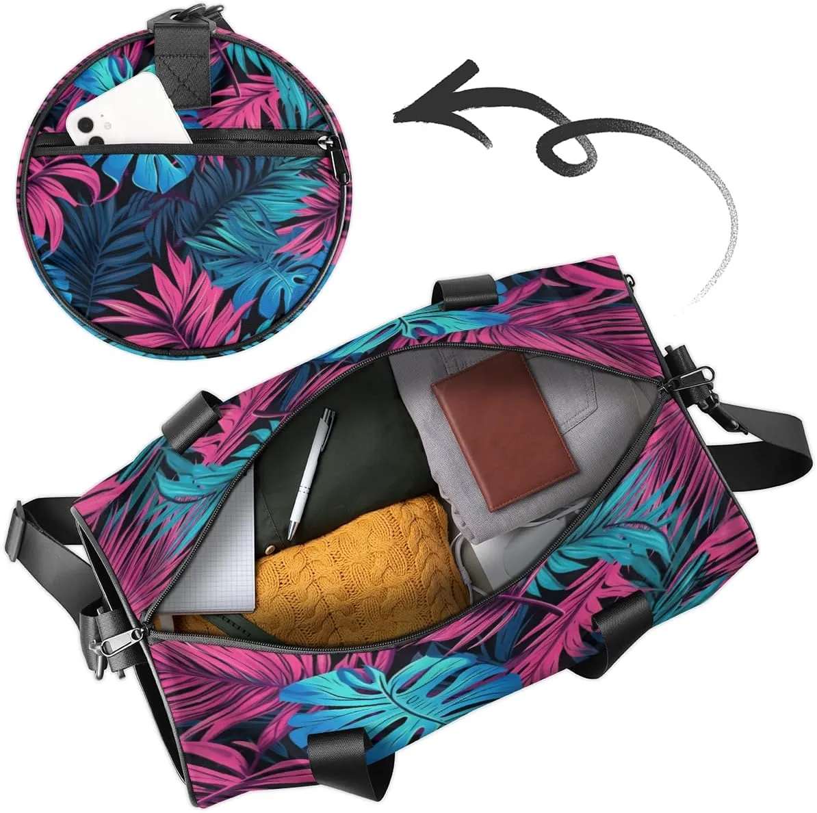 Custom Dance Duffel Bag Sport Backpacks Gyms and Weekend Overnight Travel Duffle Bag Birthday Christmas Halloween Waterproof, Blue Palm Leaf Floral