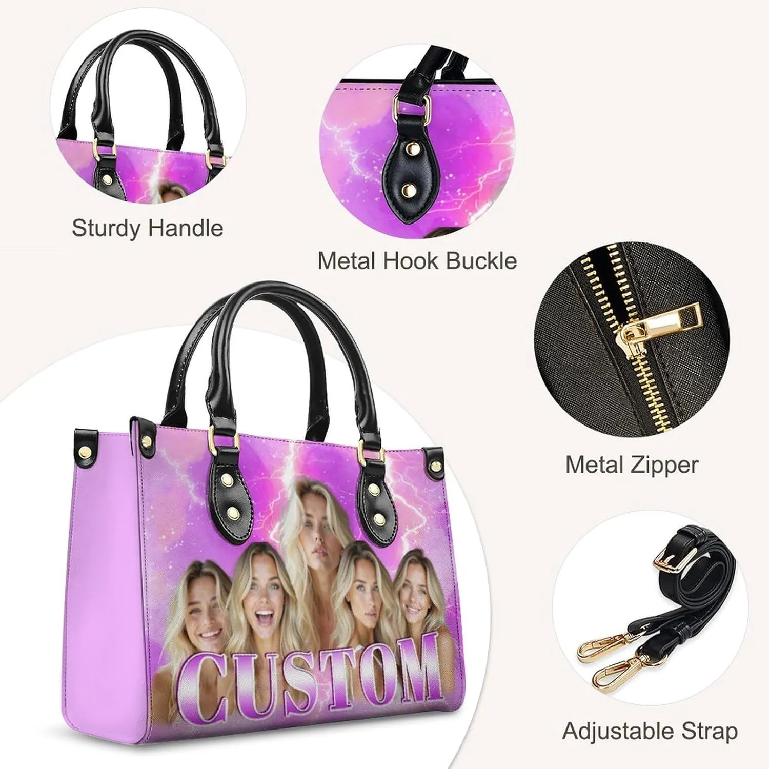 Custom Handbag for Women - Leather Tote Bag with Name, Photo for Mom, Teacher - Fashion Gifts for Birthday, Wedding
