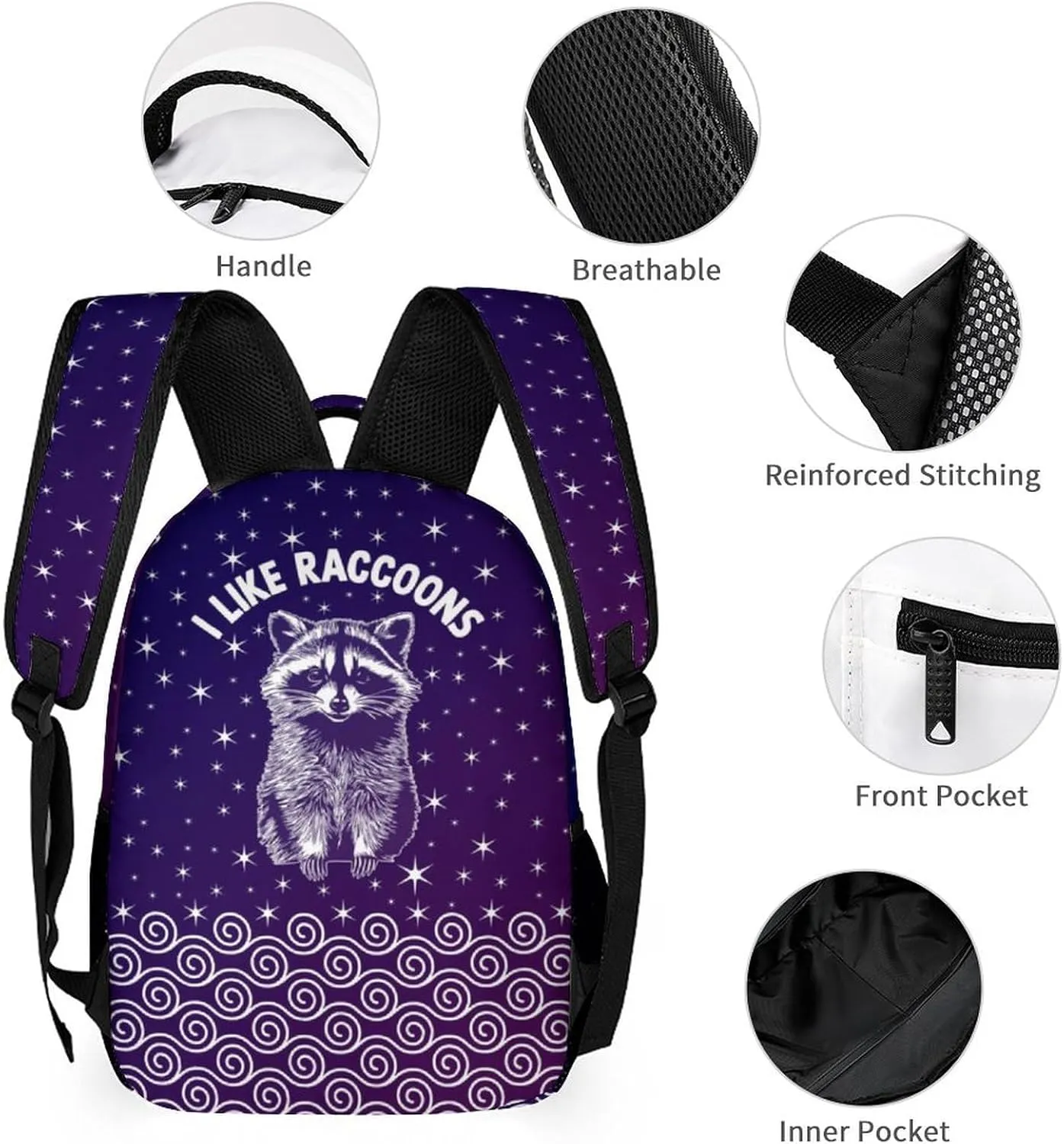 Custom Raccoon Backpack for Kids Girls Boys School, 16 Inches Cute Raccoons Theme Bookbag, Adjustable, Lightweight, Large Capacity, Colorful Daily Casual Animal Purple Backpacks
