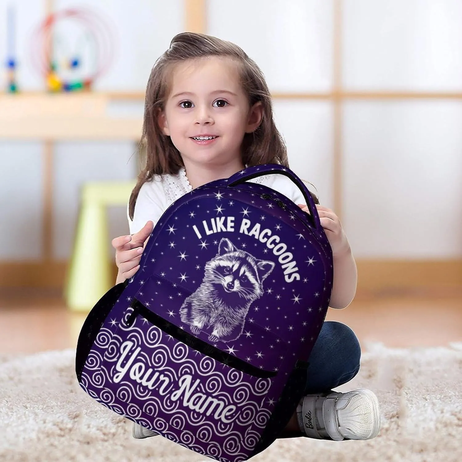 Custom Raccoon Backpack for Kids Girls Boys School, 16 Inches Cute Raccoons Theme Bookbag, Adjustable, Lightweight, Large Capacity, Colorful Daily Casual Animal Purple Backpacks