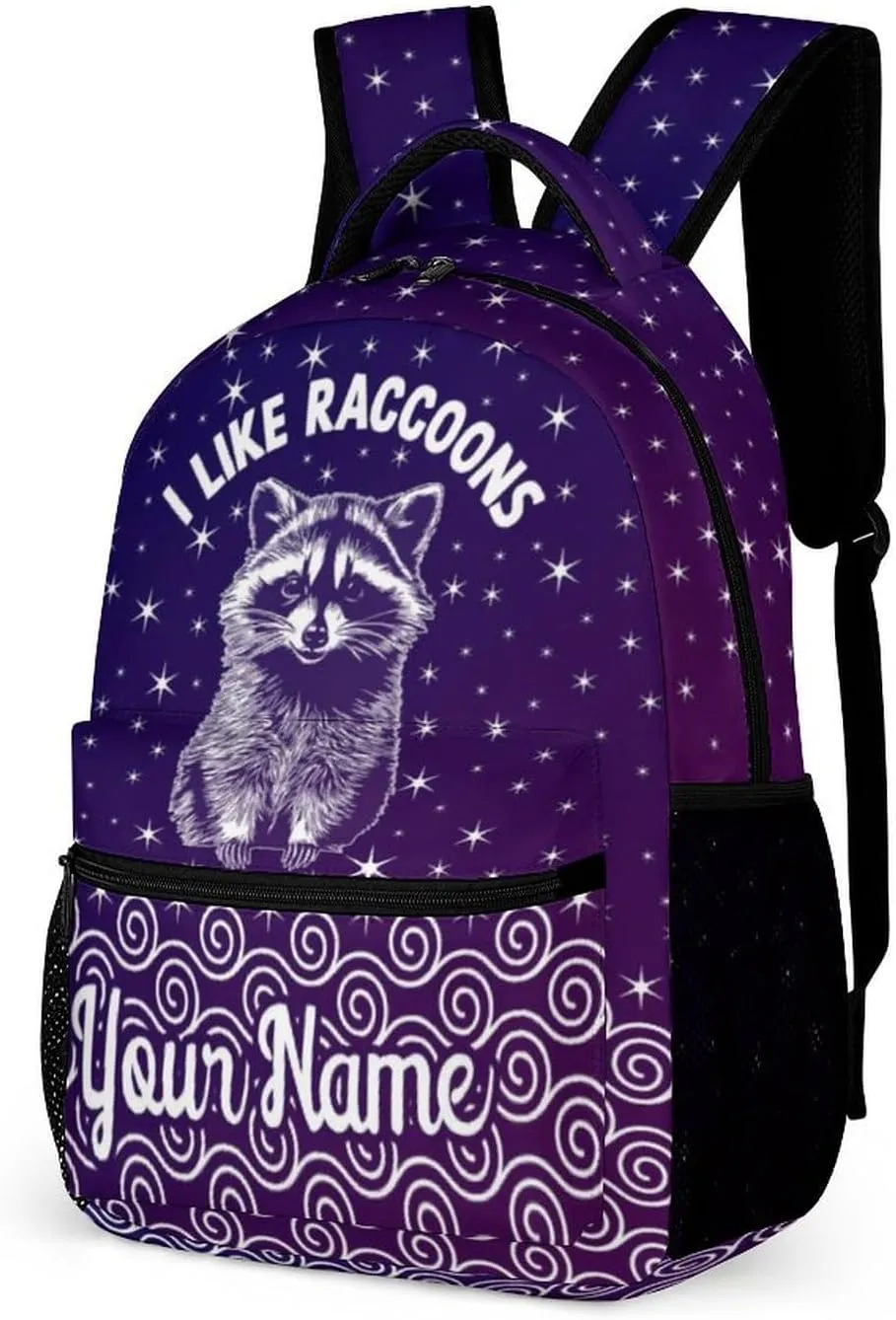 Custom Raccoon Backpack for Kids Girls Boys School, 16 Inches Cute Raccoons Theme Bookbag, Adjustable, Lightweight, Large Capacity, Colorful Daily Casual Animal Purple Backpacks