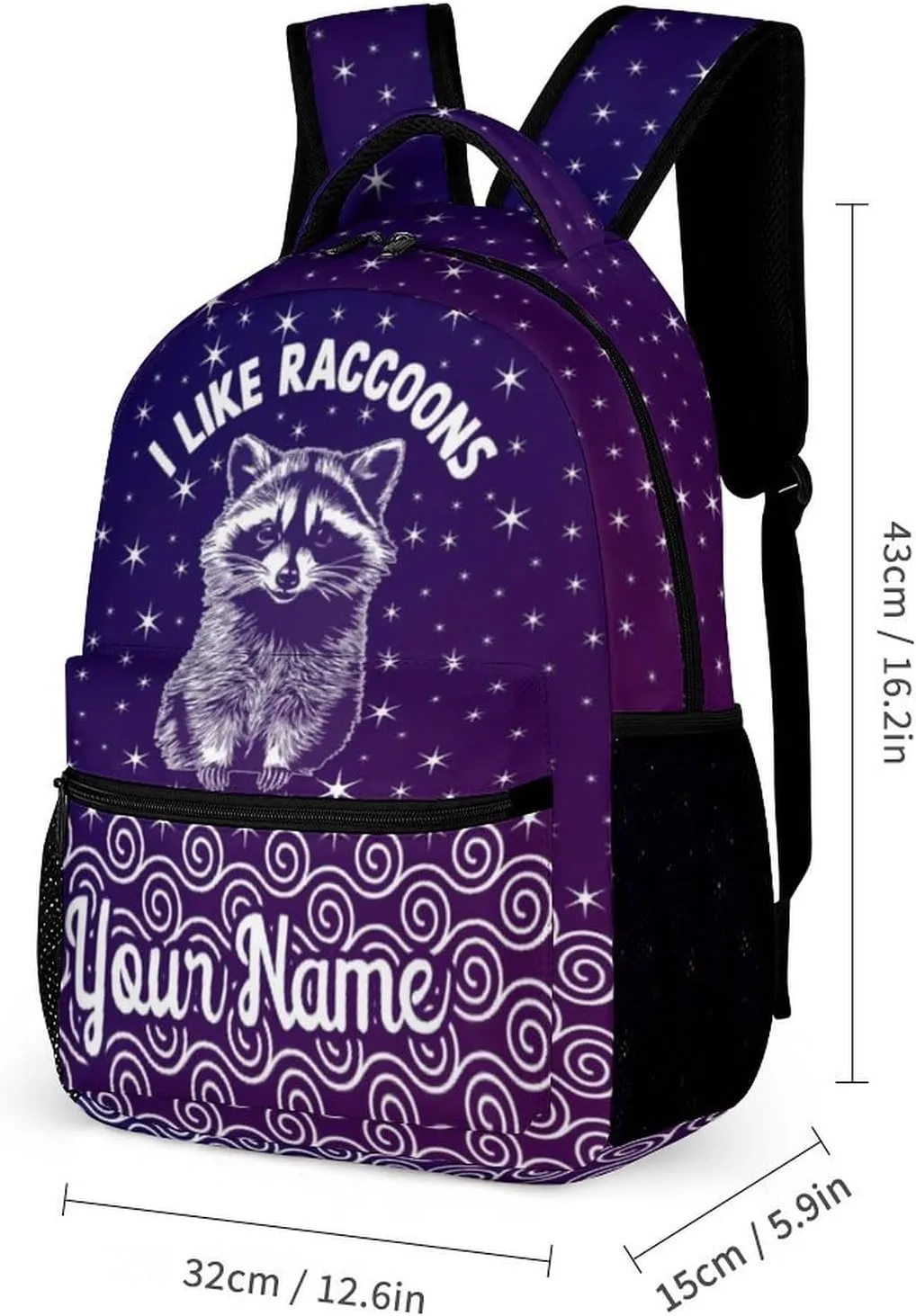 Custom Raccoon Backpack for Kids Girls Boys School, 16 Inches Cute Raccoons Theme Bookbag, Adjustable, Lightweight, Large Capacity, Colorful Daily Casual Animal Purple Backpacks