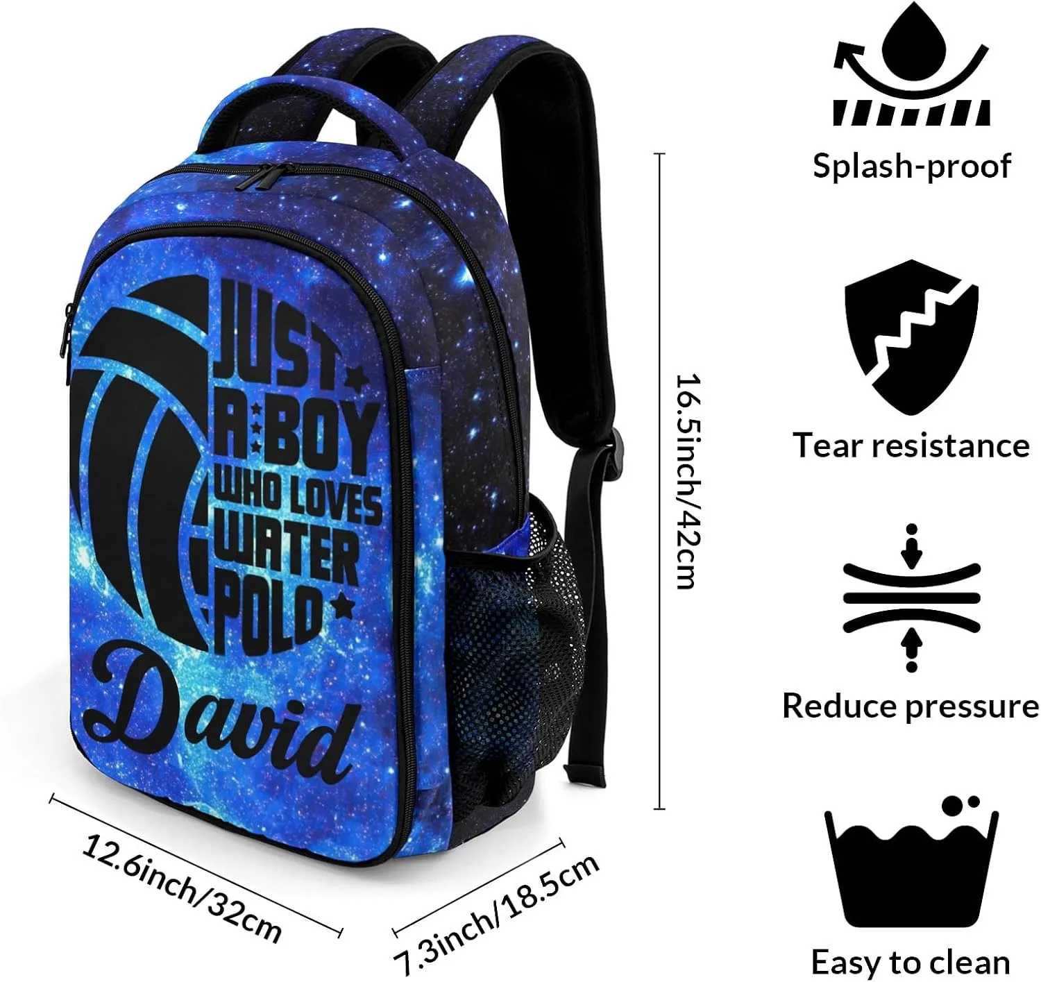 Custom Water Polo Boy Backpack Custom Name Large Capacity Shoulder Bags for School Sports Party Blue Starry