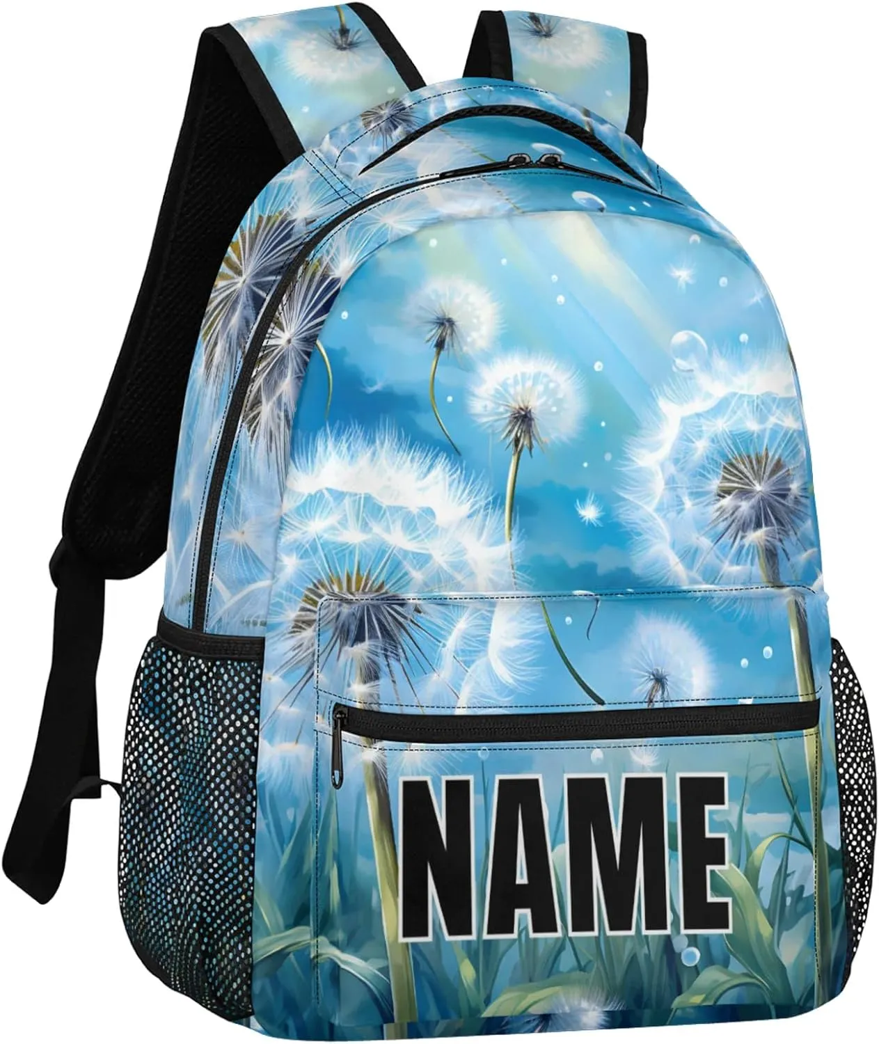 Custom Wildflowers Dandelion Backpack with Name Personalized Waterproof Casual Daypack Rustic Floral Customize Laptop Backpacks for Women Men