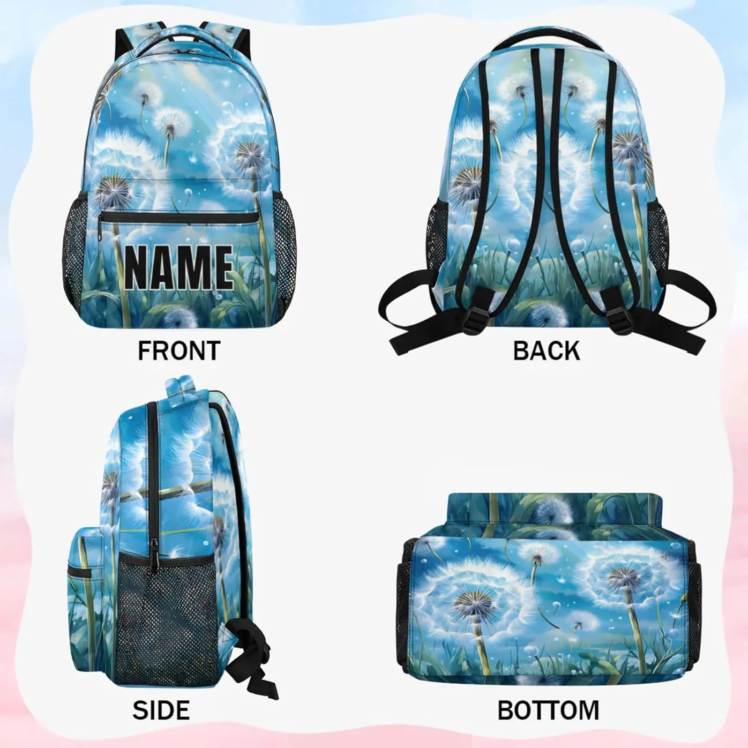 Custom Wildflowers Dandelion Backpack with Name Personalized Waterproof Casual Daypack Rustic Floral Customize Laptop Backpacks for Women Men