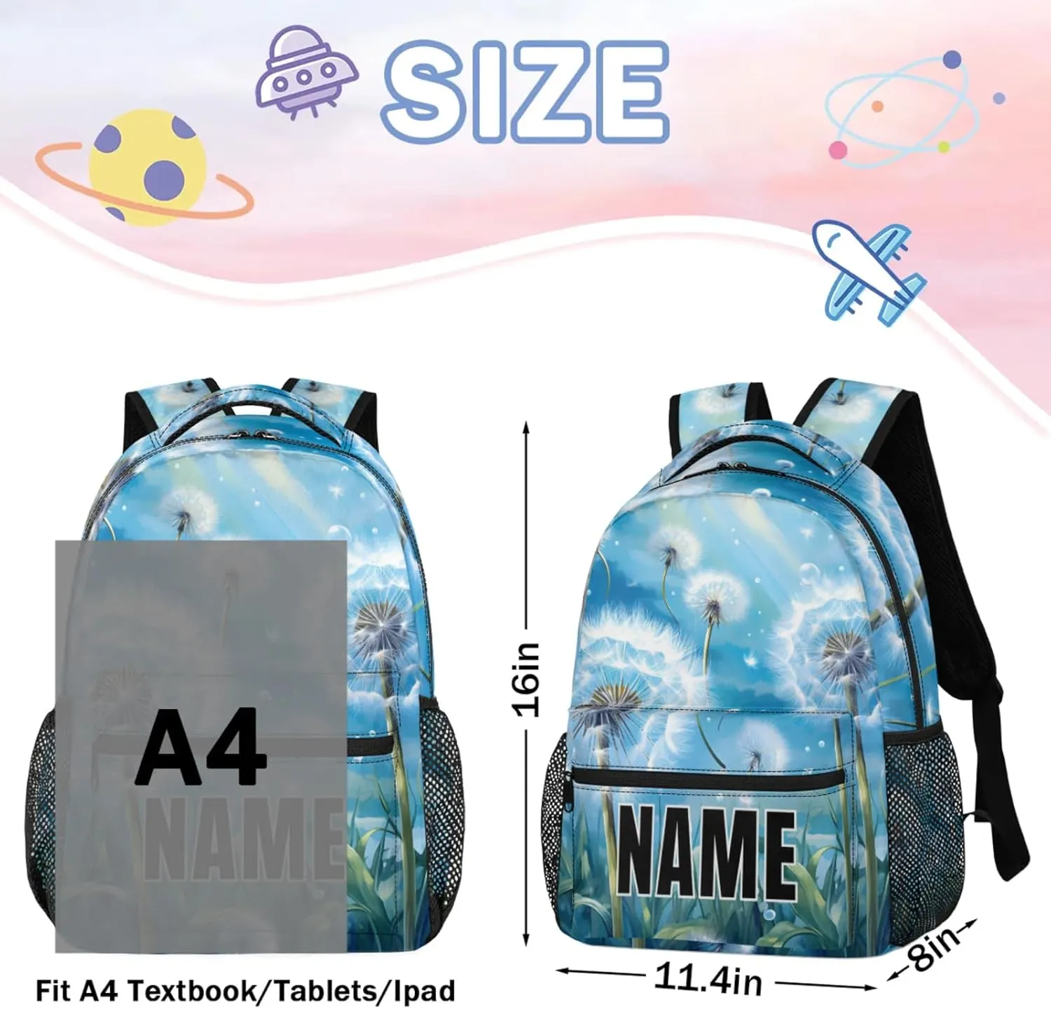 Custom Wildflowers Dandelion Backpack with Name Personalized Waterproof Casual Daypack Rustic Floral Customize Laptop Backpacks for Women Men