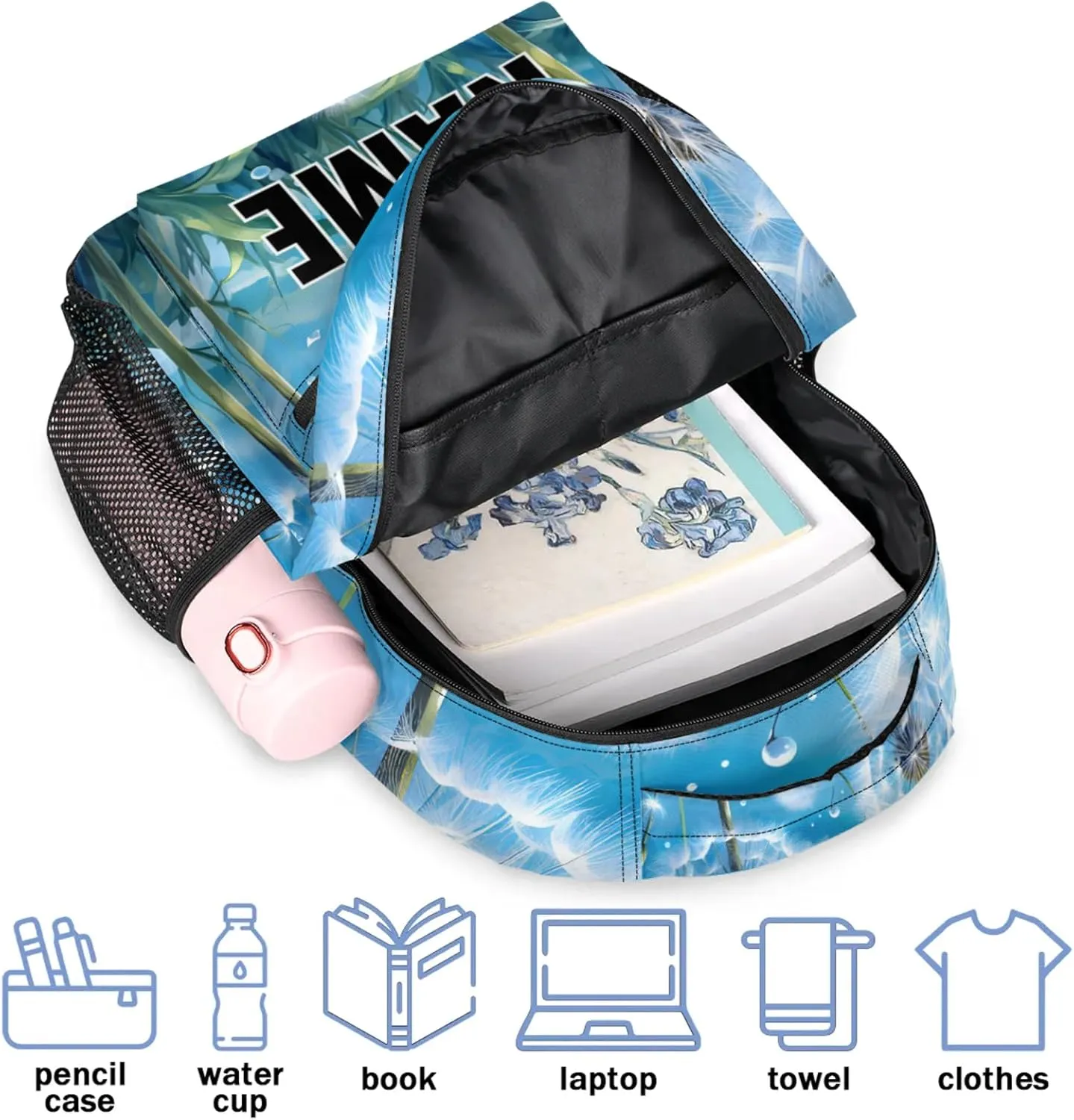 Custom Wildflowers Dandelion Backpack with Name Personalized Waterproof Casual Daypack Rustic Floral Customize Laptop Backpacks for Women Men
