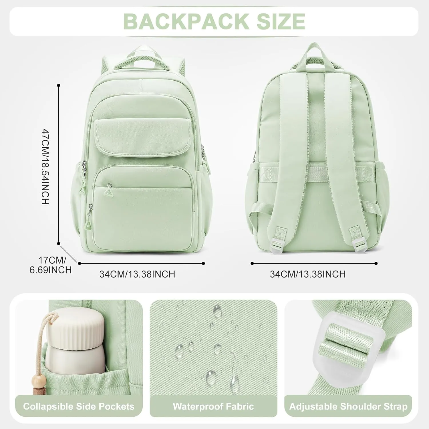 Cute School Backpack for Teens Girls Boys Waterproof School Bag Basic Backpack for College Students Multi Pocket Backpack Lightweight Casual Daypack Backpacks for Women Men（MintGreen）